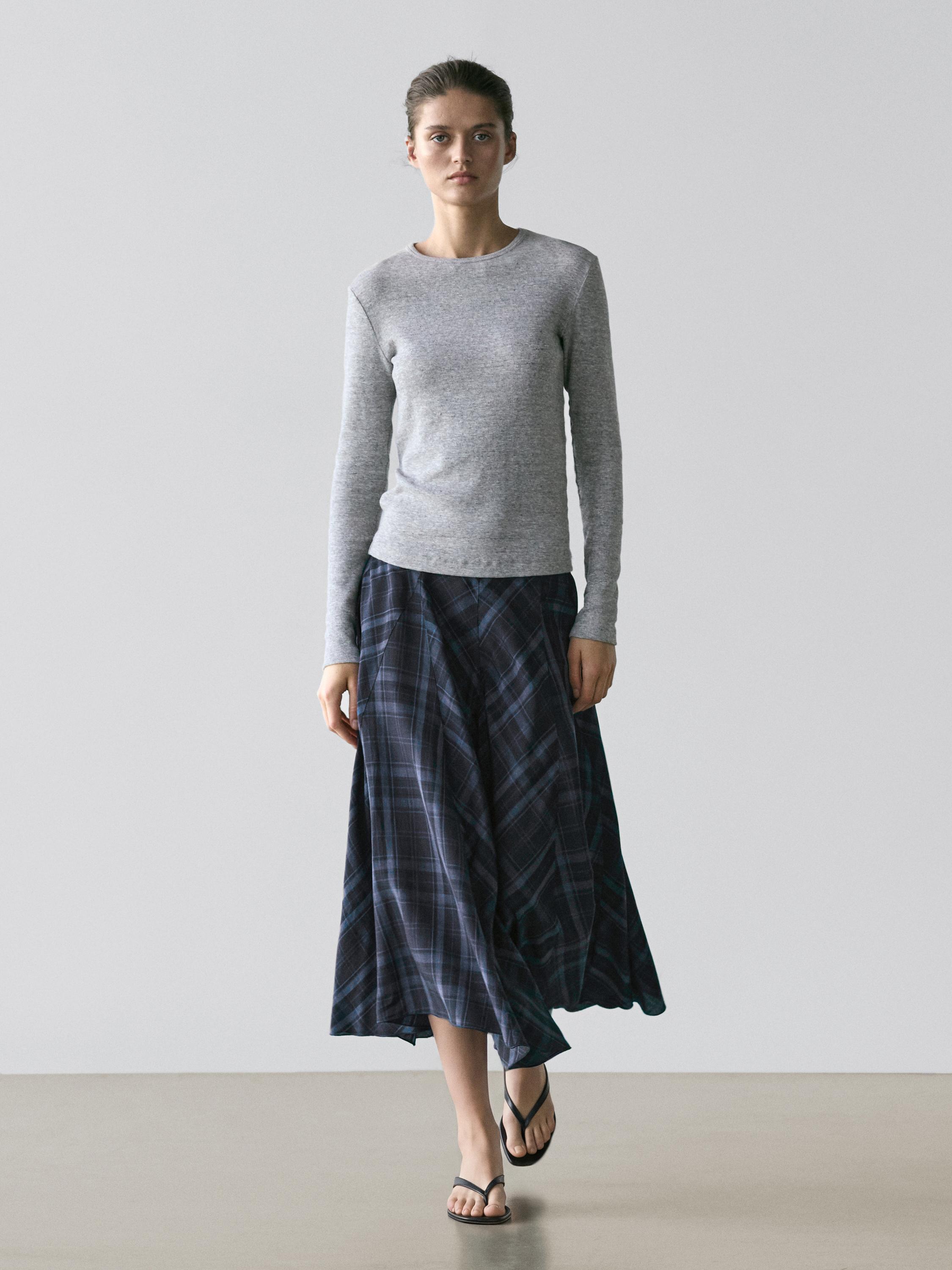 Check print flowing godet skirt — BLUE