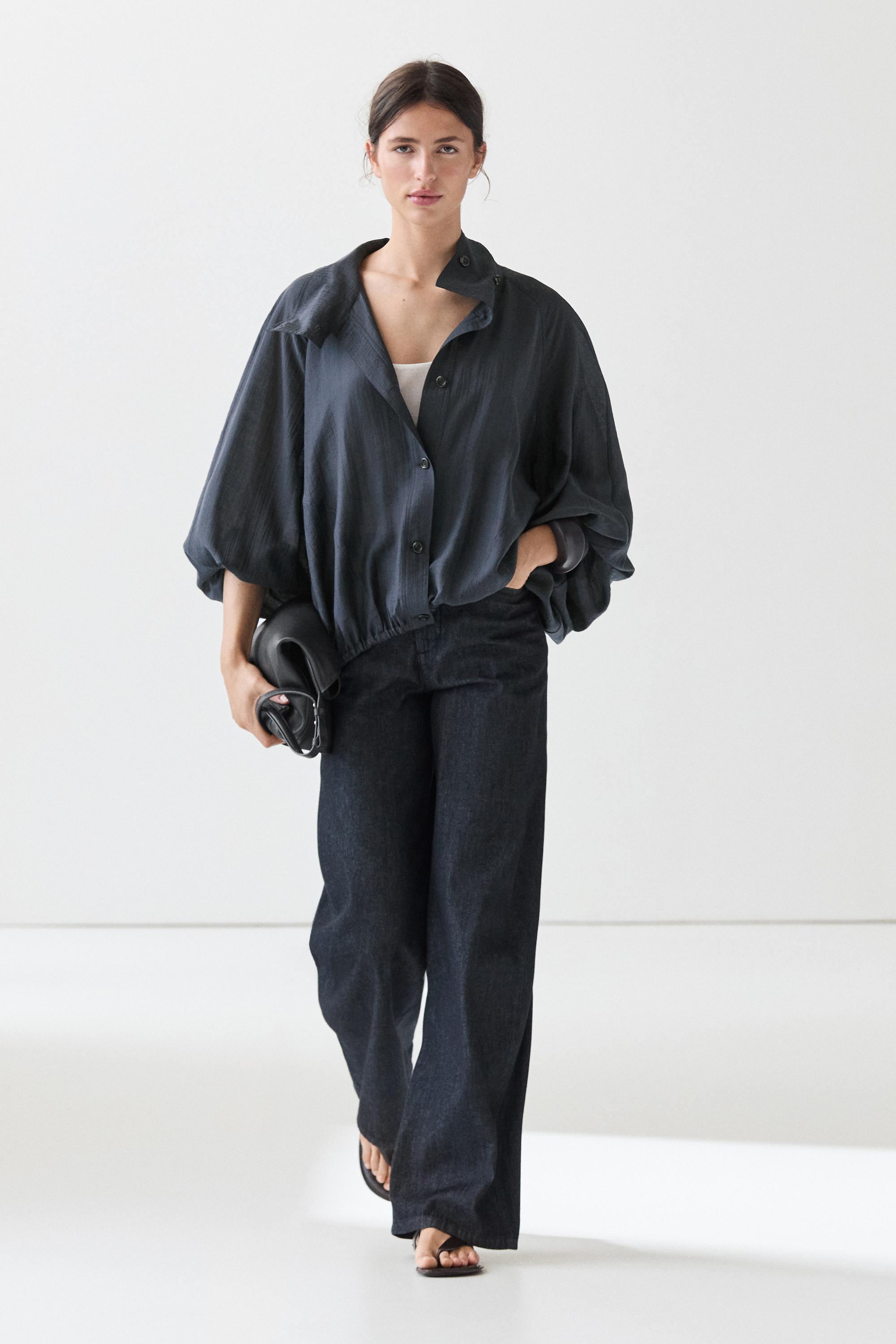 Fluid bomber jacket with shirring detail