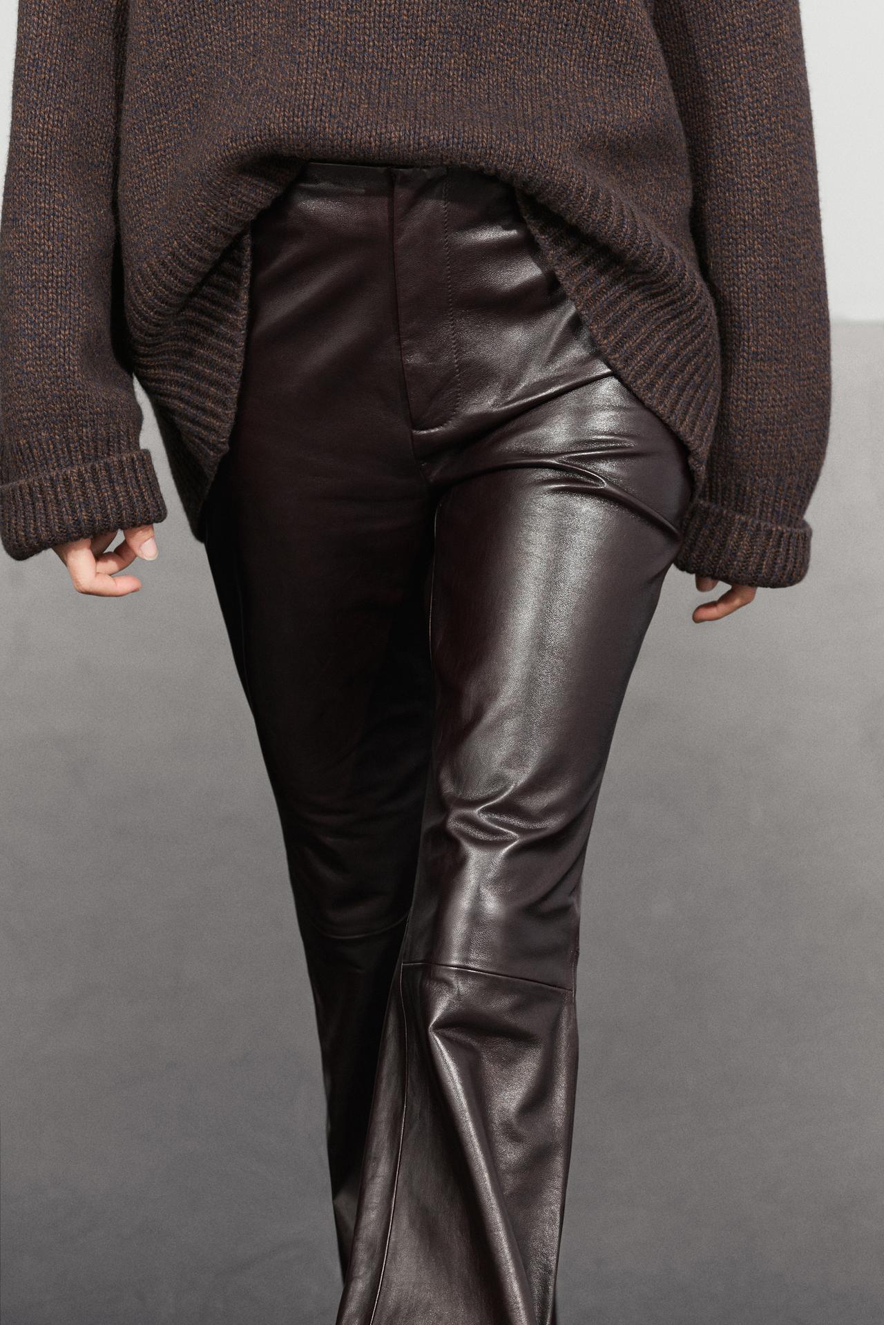 Nappa leather flare fit pants with seams — BROWN