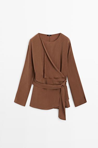 Flowing kimono with tie detail — BROWN 2