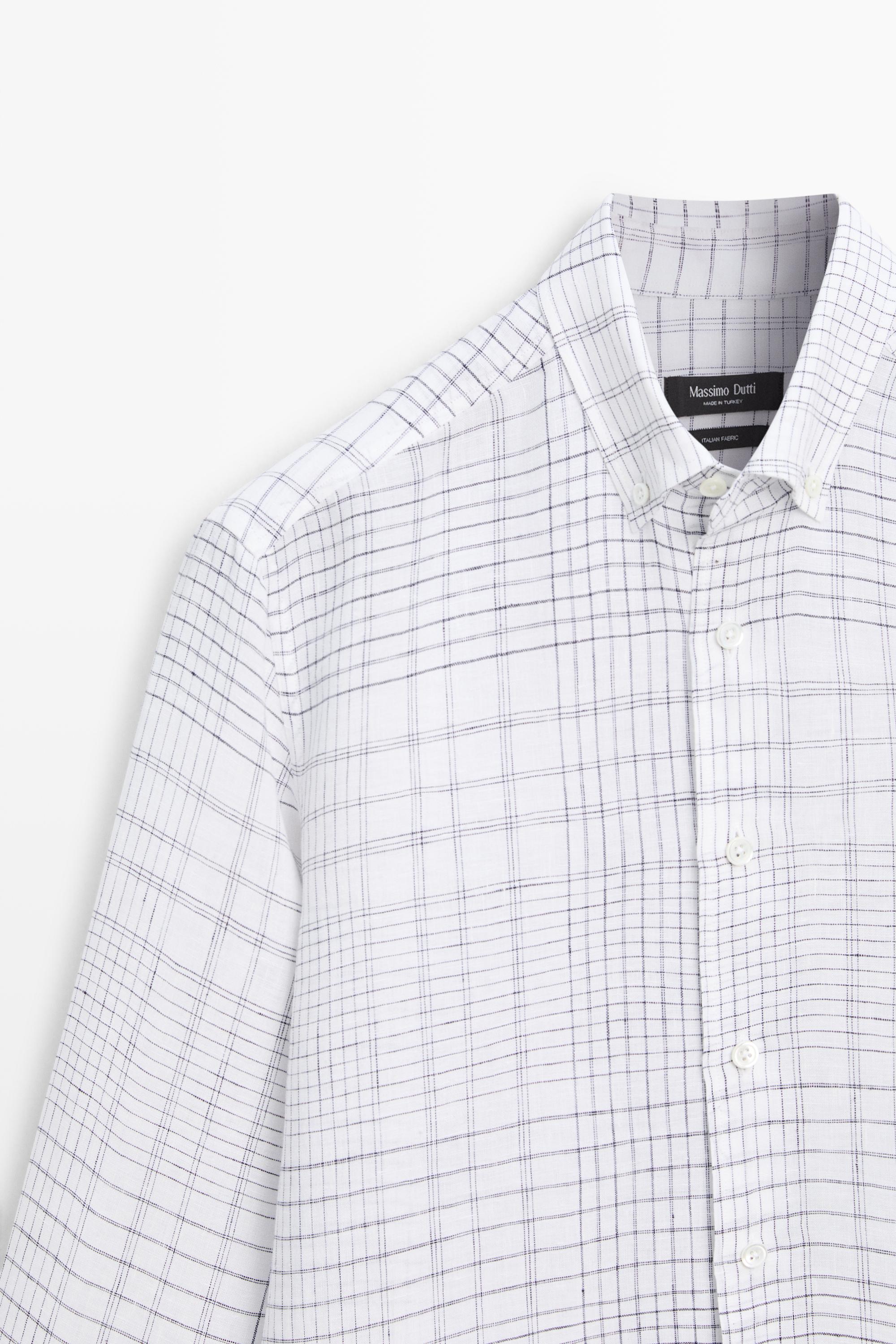 100% linen regular fit check shirt — WHITE
