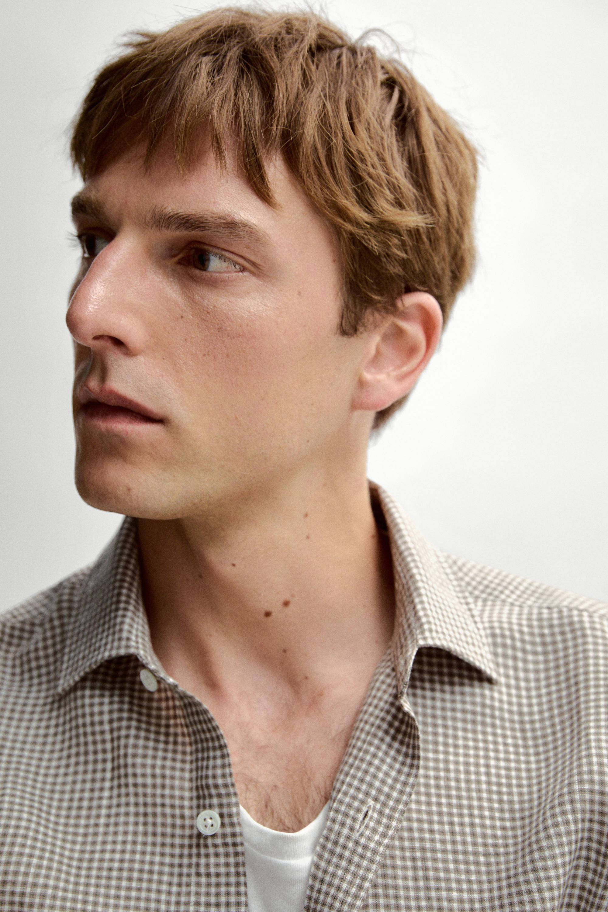 100% linen regular fit check shirt — BROWN