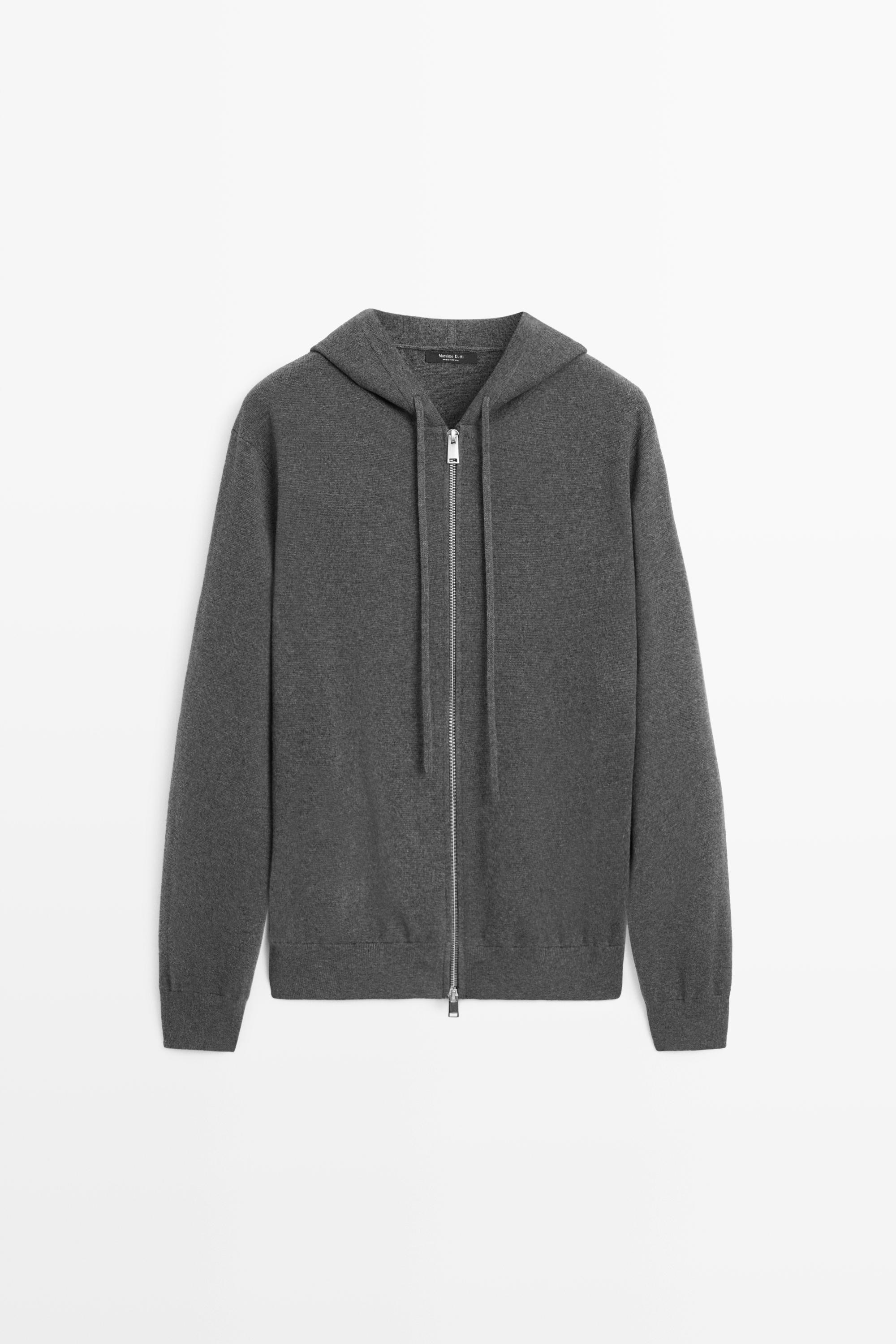Cotton blend knit hooded cardigan — GREY