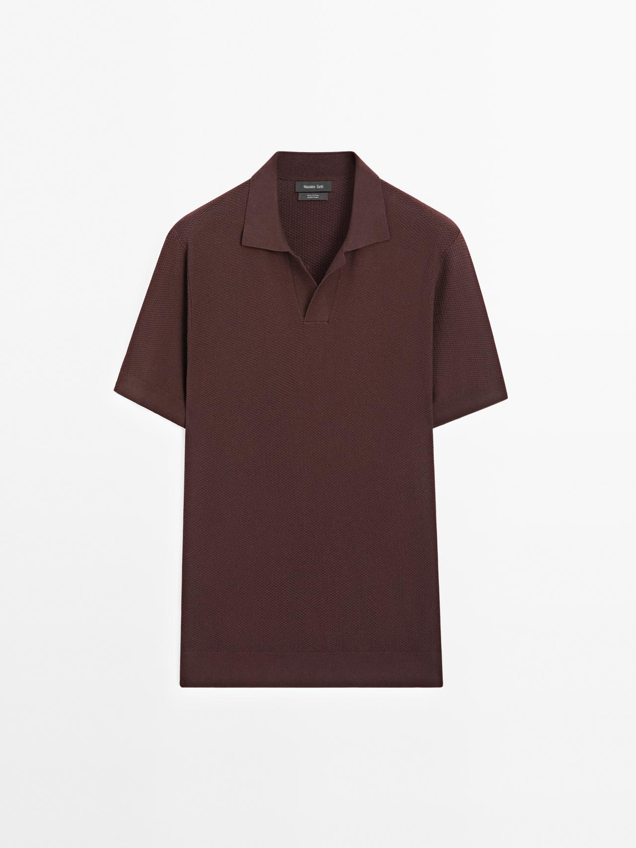 Massimo Dutti - Herre - Strukturvævet Poloshirt I Strik Med Korte Ærmer - Bordeaux - M