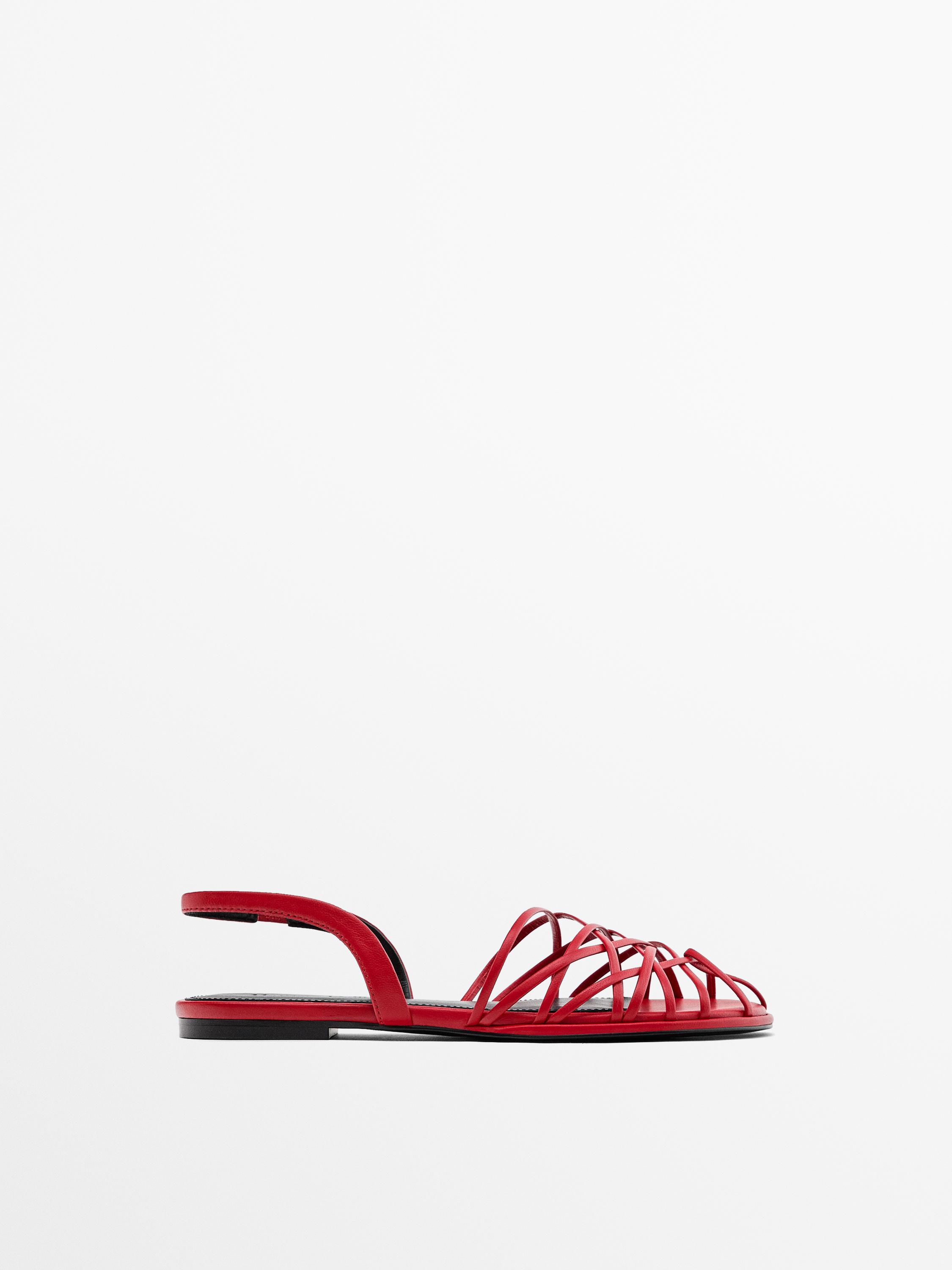 Red slingback shoes with multiple straps