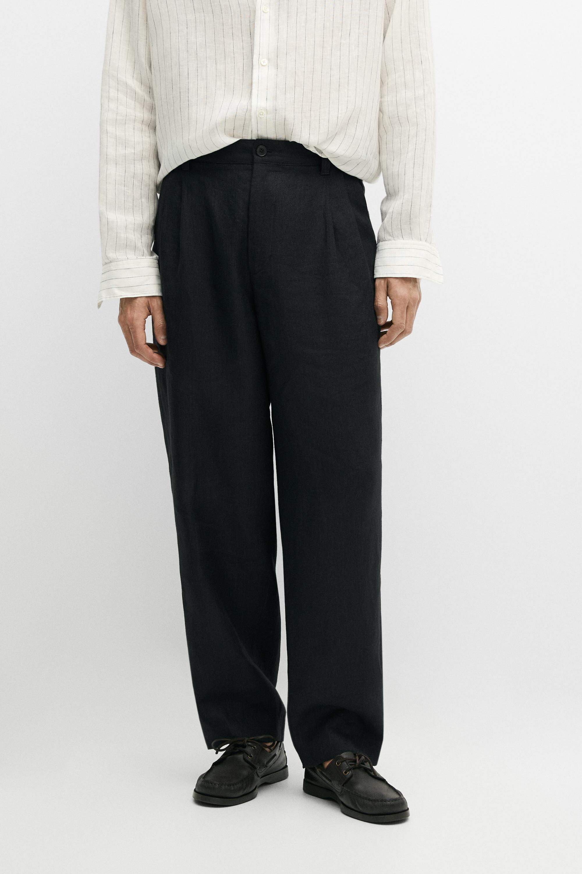 100% linen trousers with double darts — BLACK