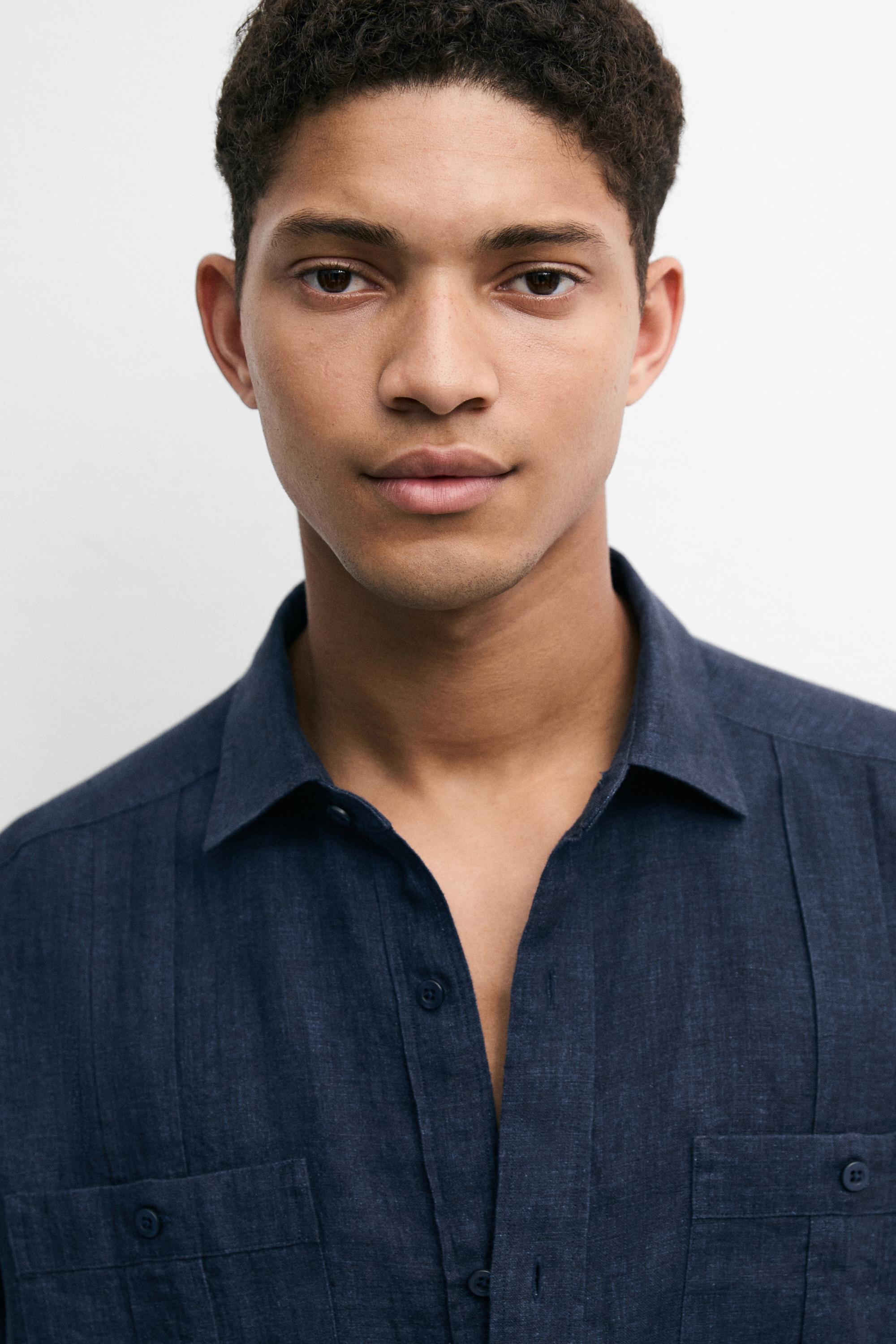 Regular fit 100% linen shirt with pockets — DEEP BLUE