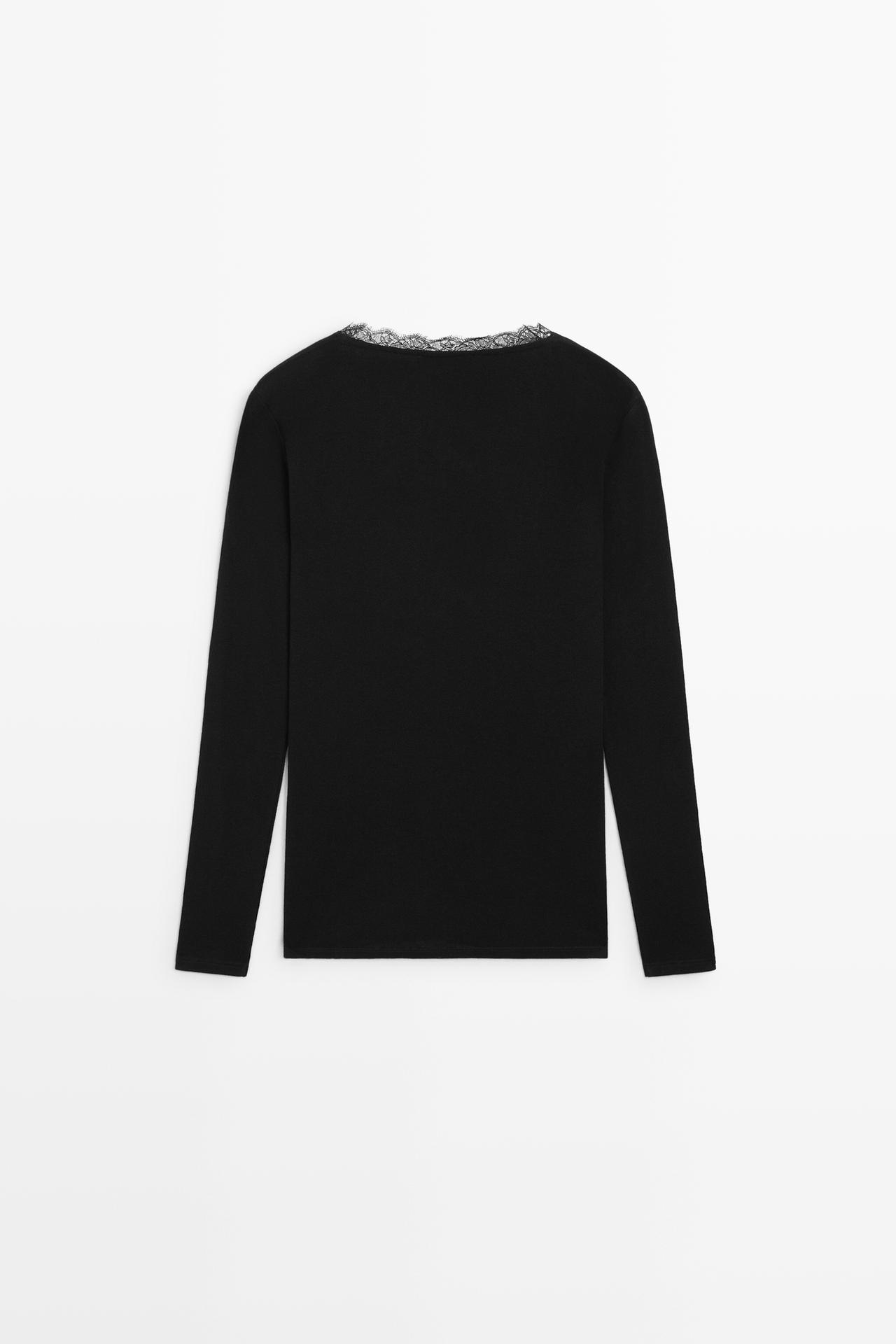 Long sleeve T-shirt with lingerie-inspired detail — BLACK