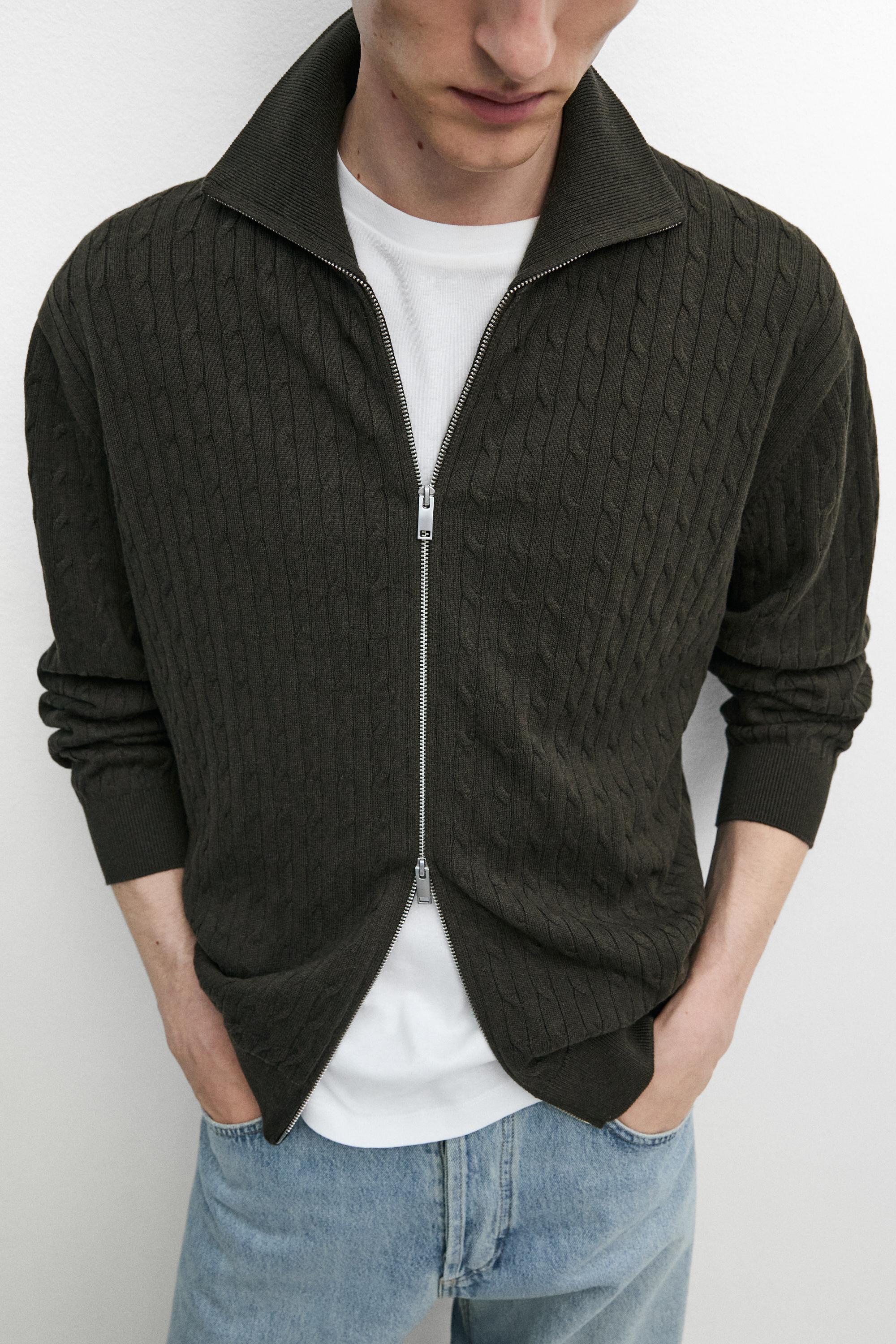 100% cotton braided knit cardigan — DARK GREEN