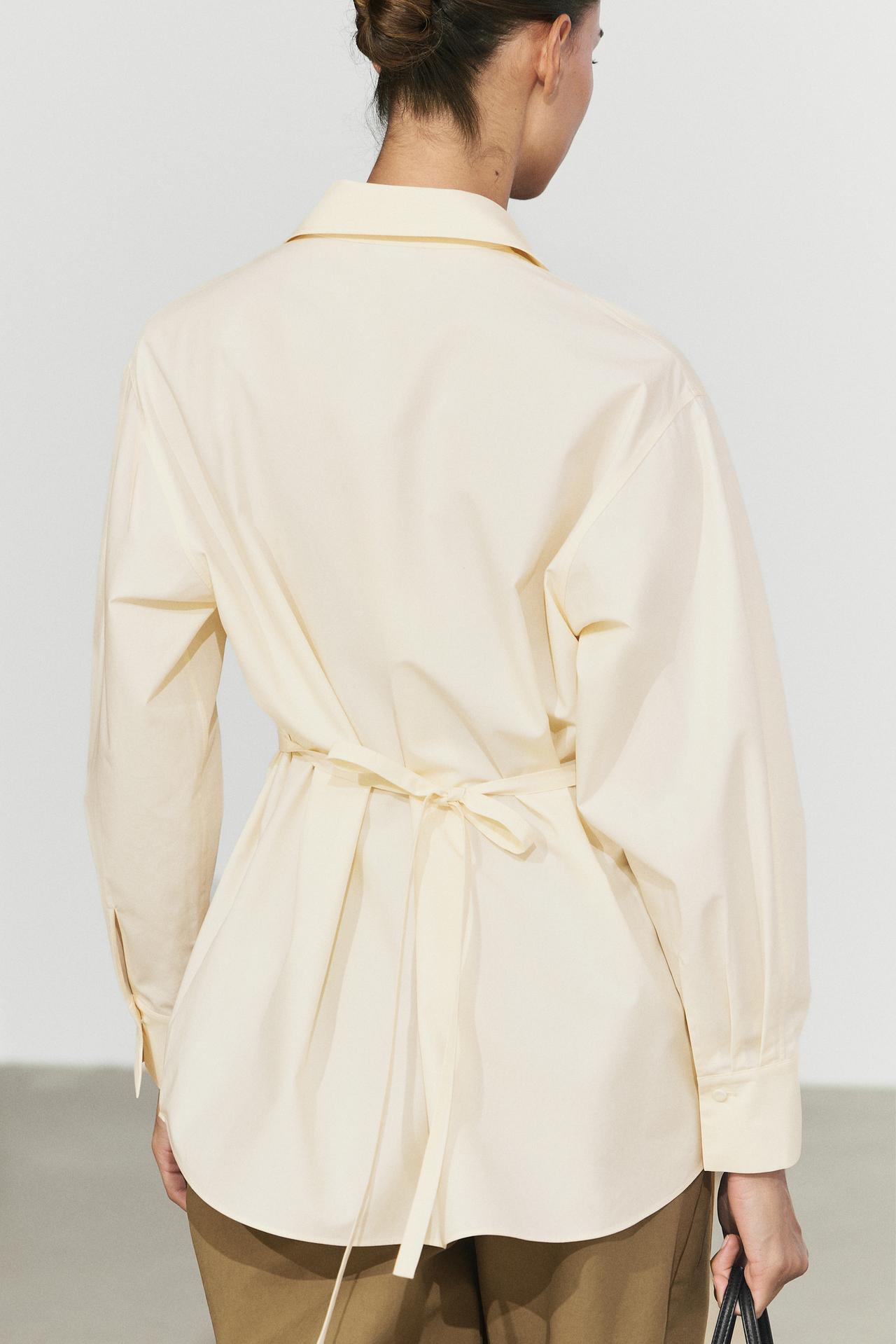 Flowing cotton shirt with belt detail — CREAM