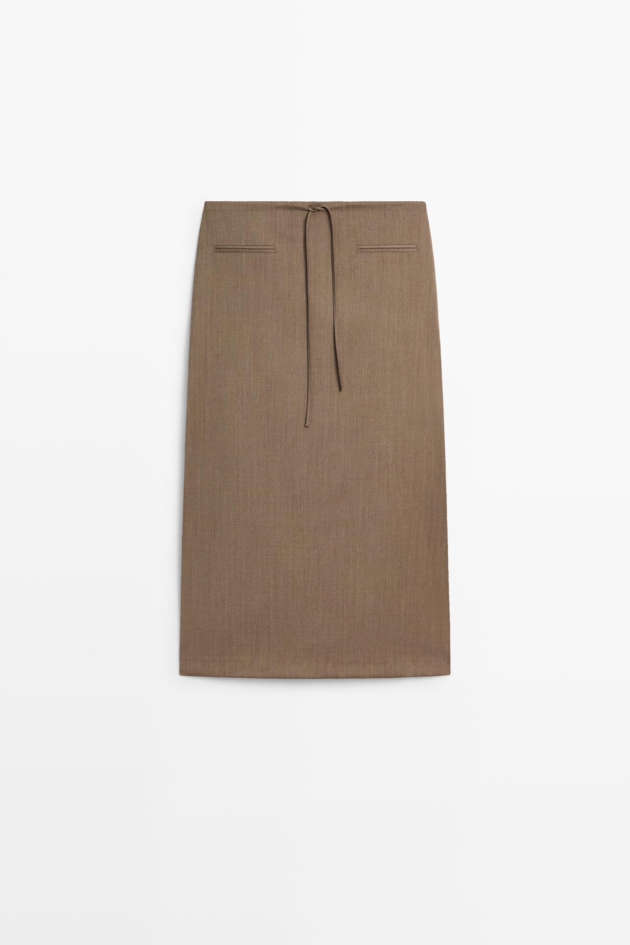 100% wool midi skirt with drawstring — MOLE BROWN