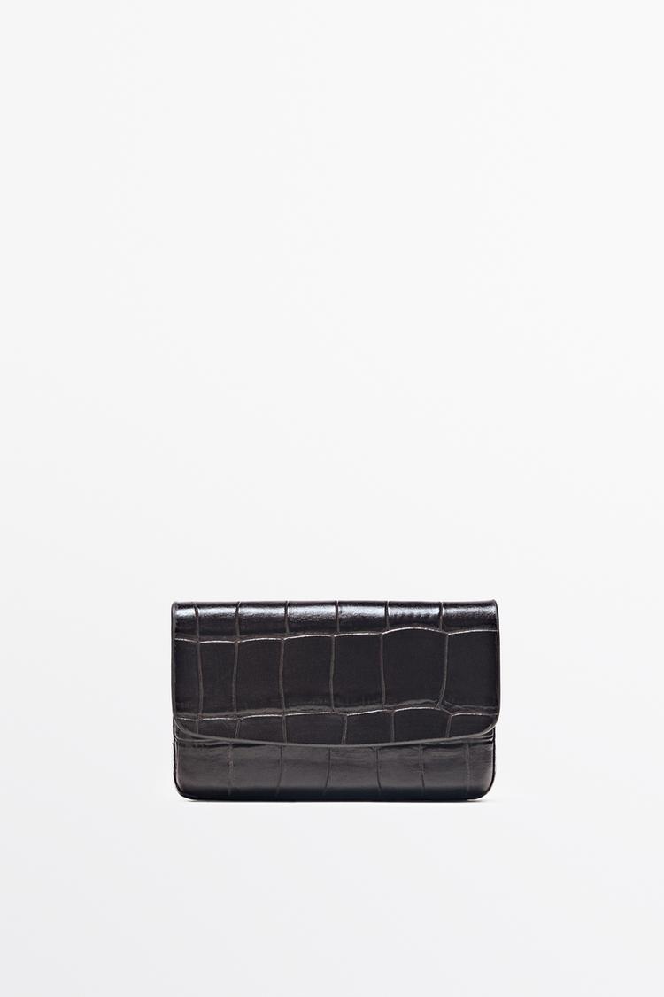 Crocodile-textured leather card holder — BROWN