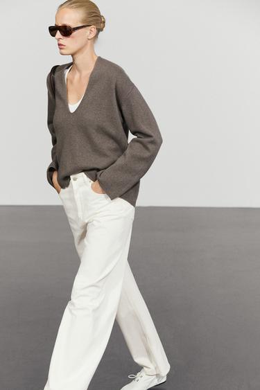 Long-line knit sweater with neckline detail — TAUPE GREY 5