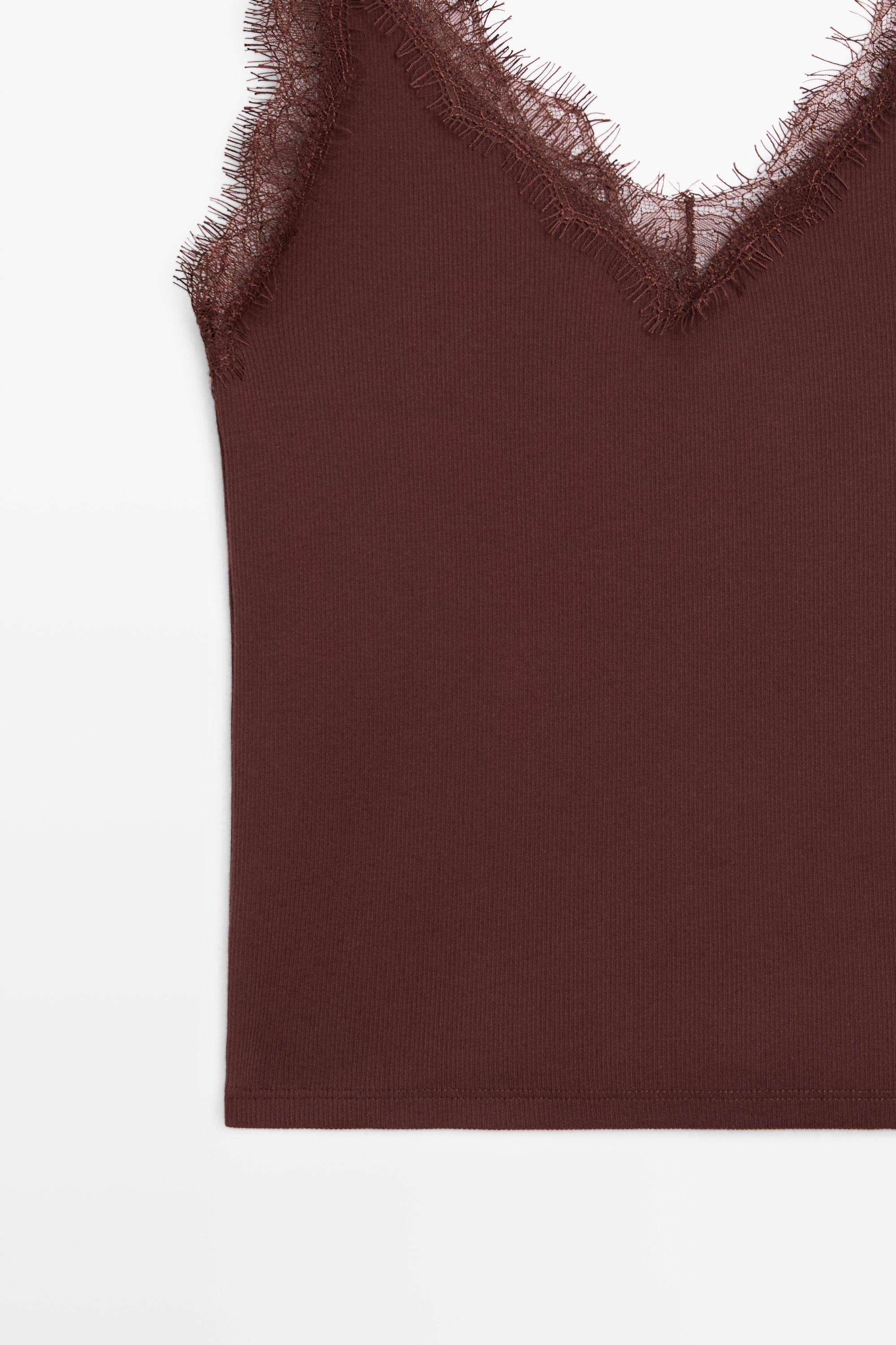 Strappy lace-trim top — BROWN