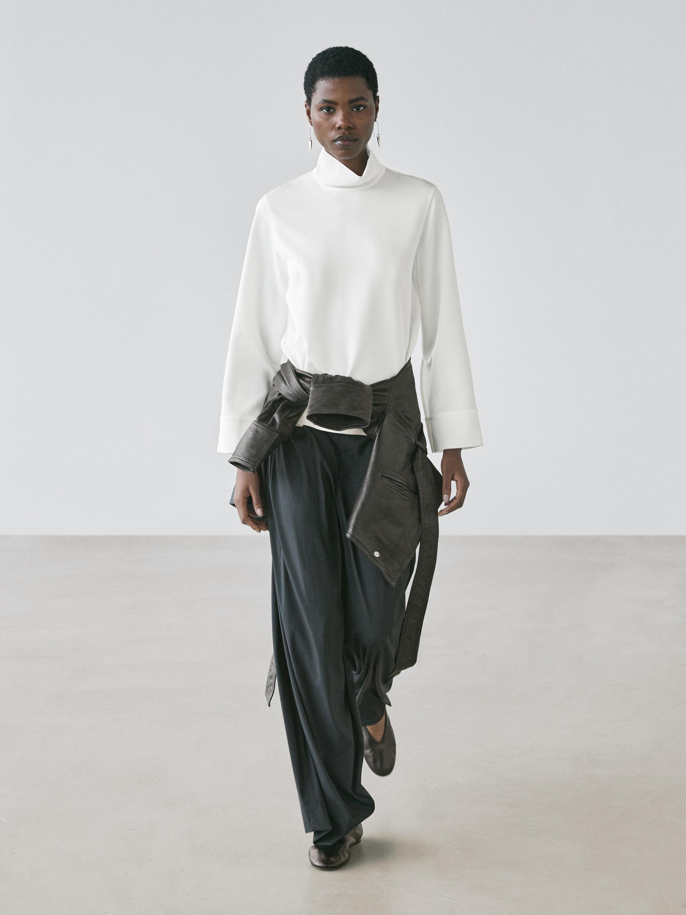 High neck blouse with hem detail — WHITE