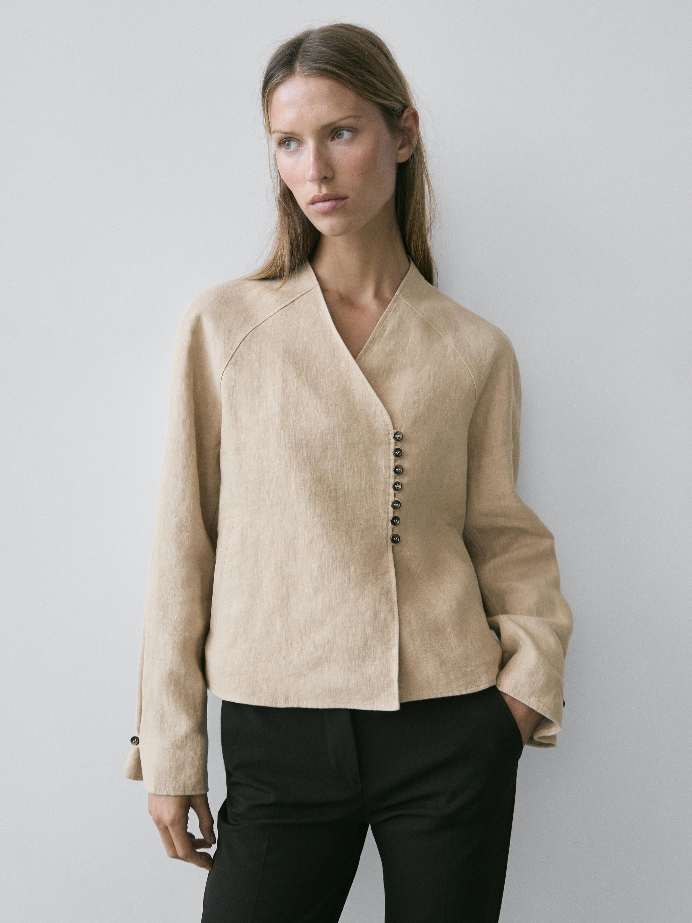 Cropped 100% linen jacket — BEIGE