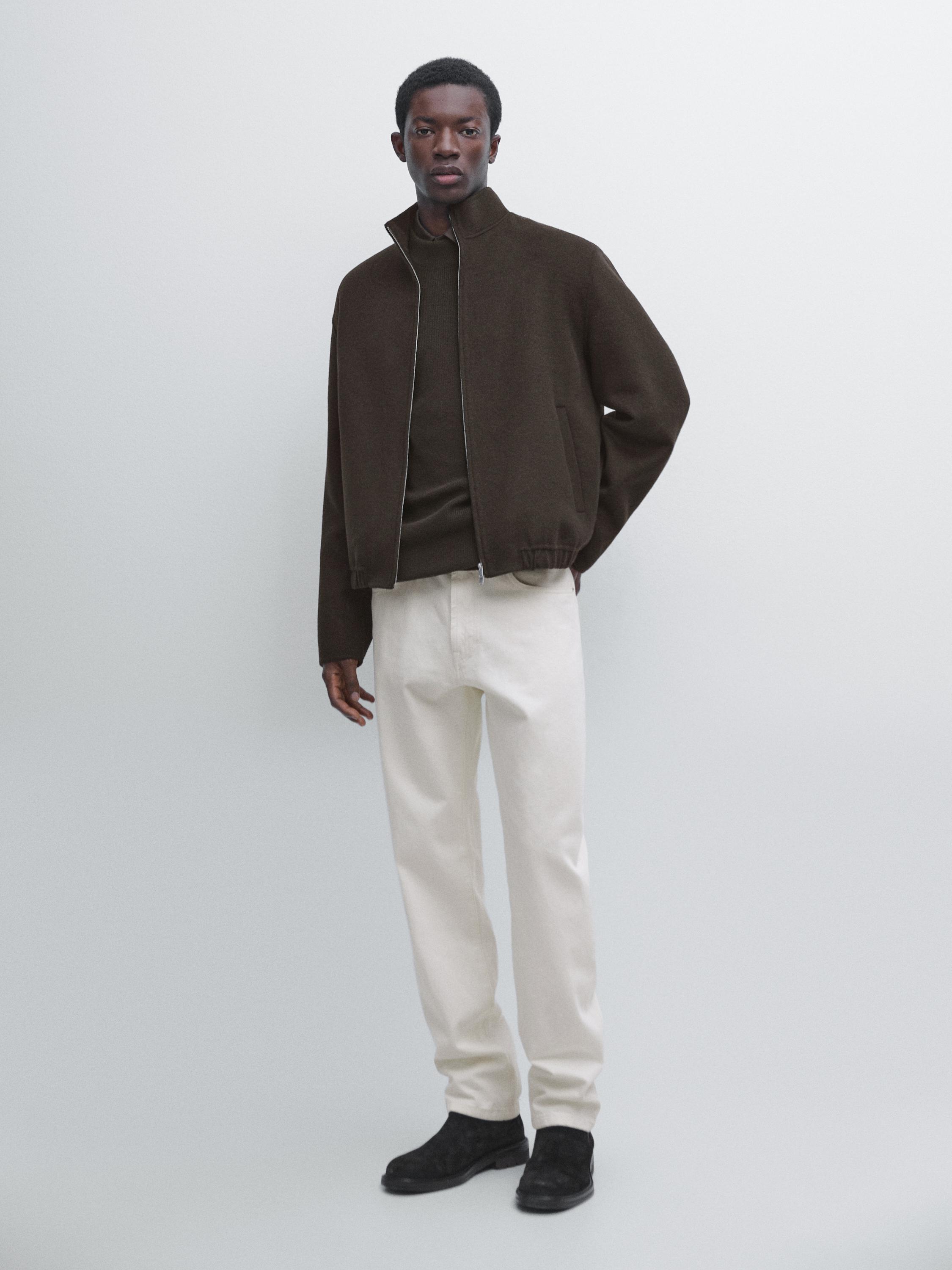 Wool blend high neck jacket — Chocolate