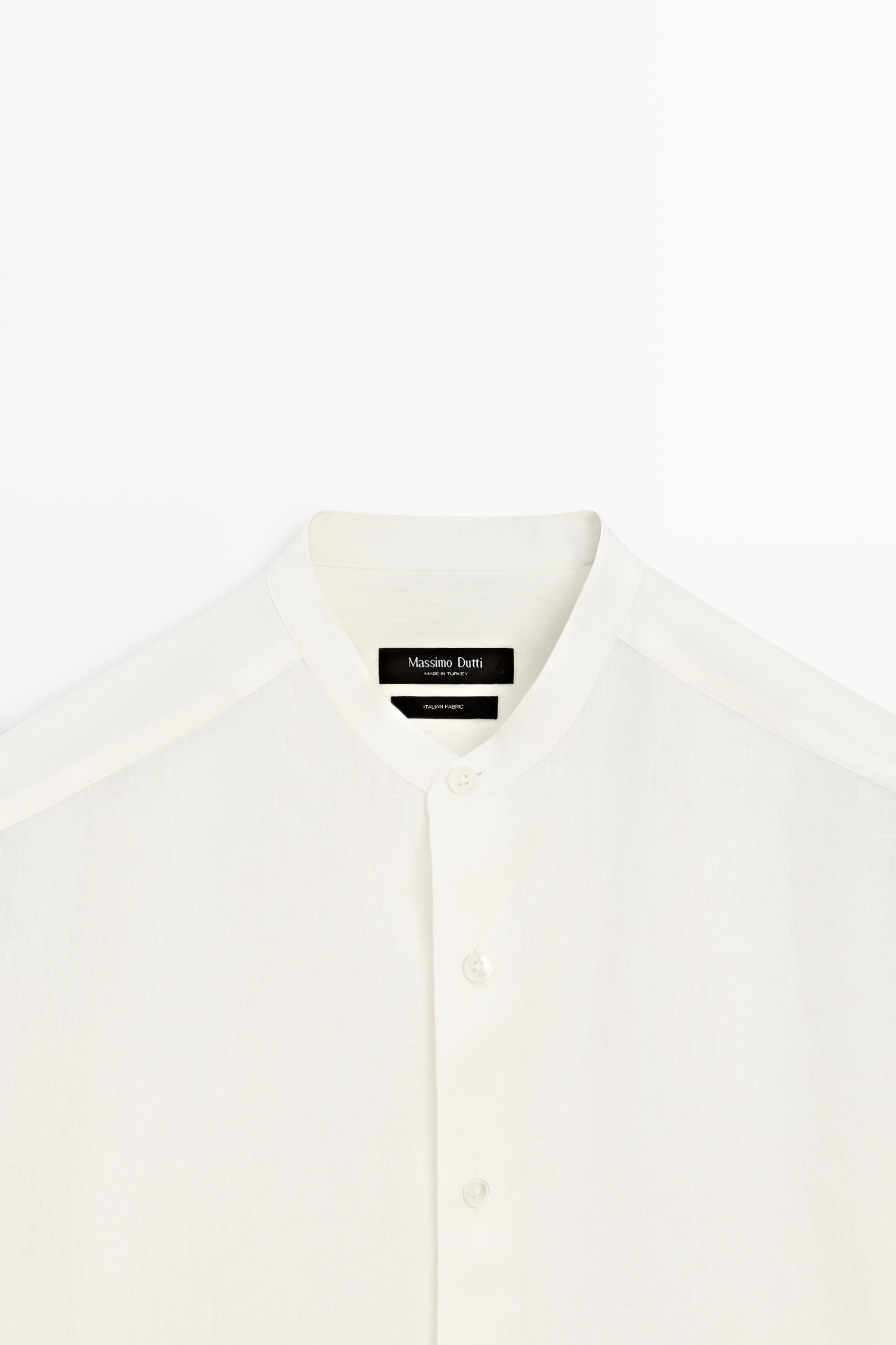 100% linen regular fit shirt with stand collar — CREAM