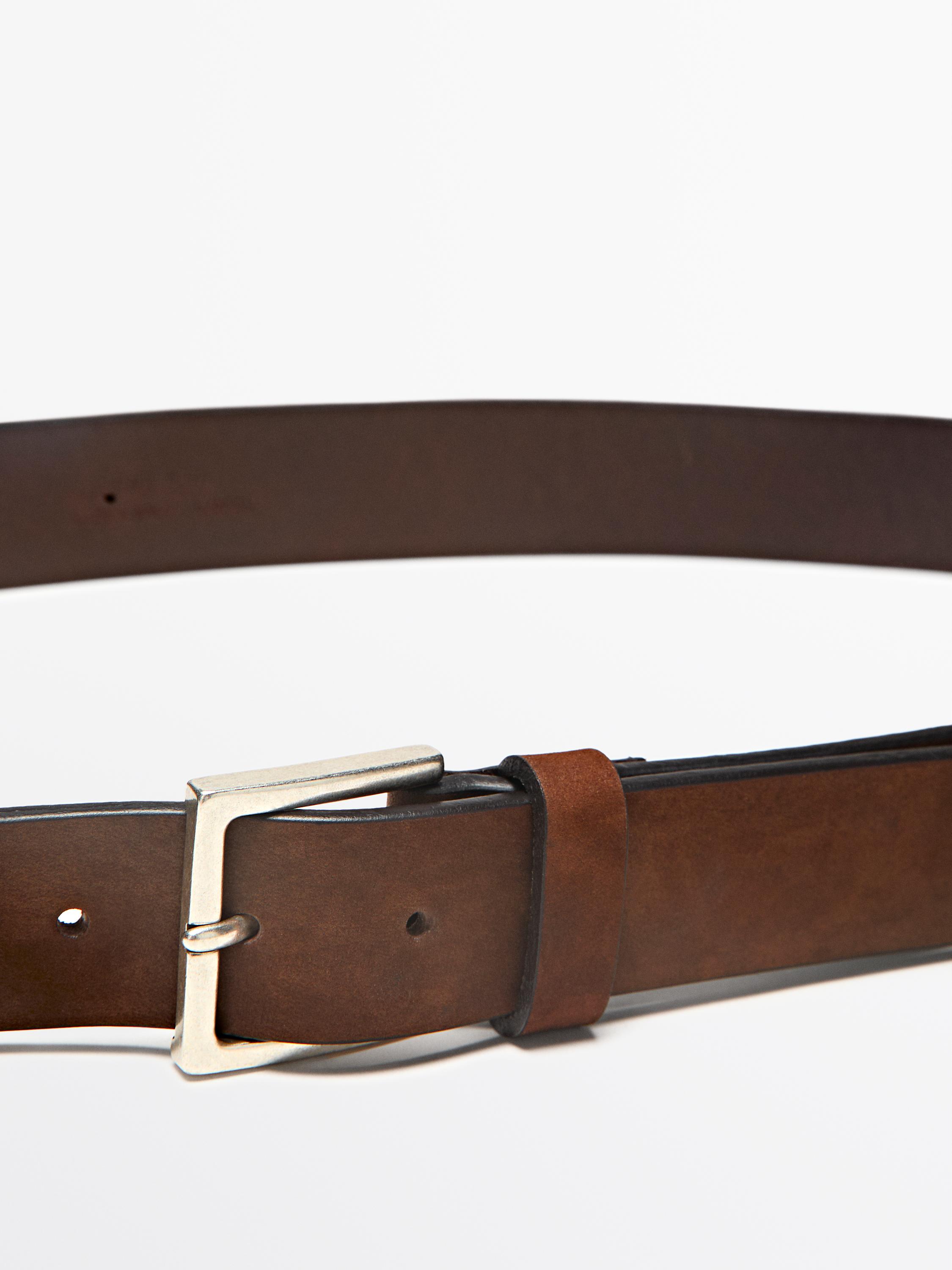 Leather belt with square buckle — BROWN