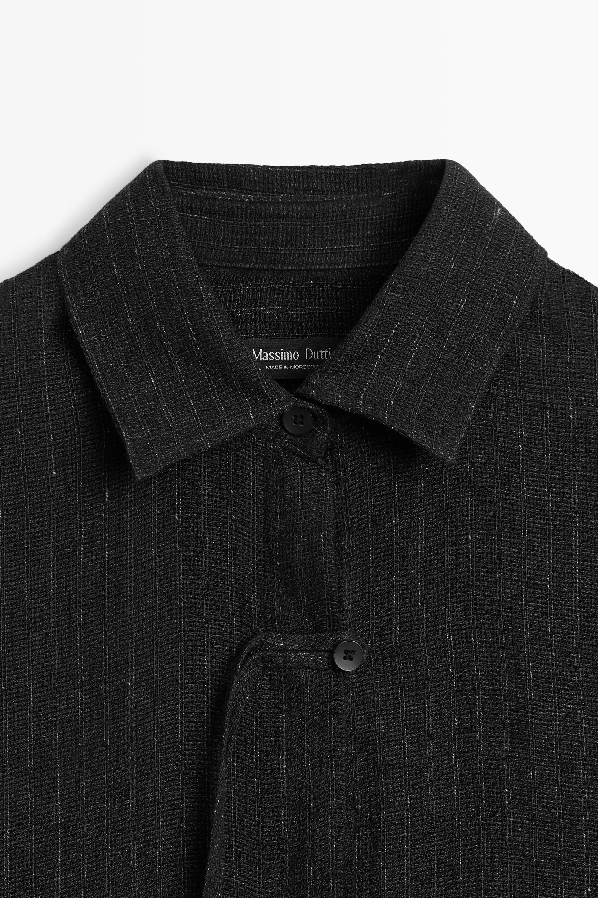 Striped linen blend oversize blouse with button detail — BLACK