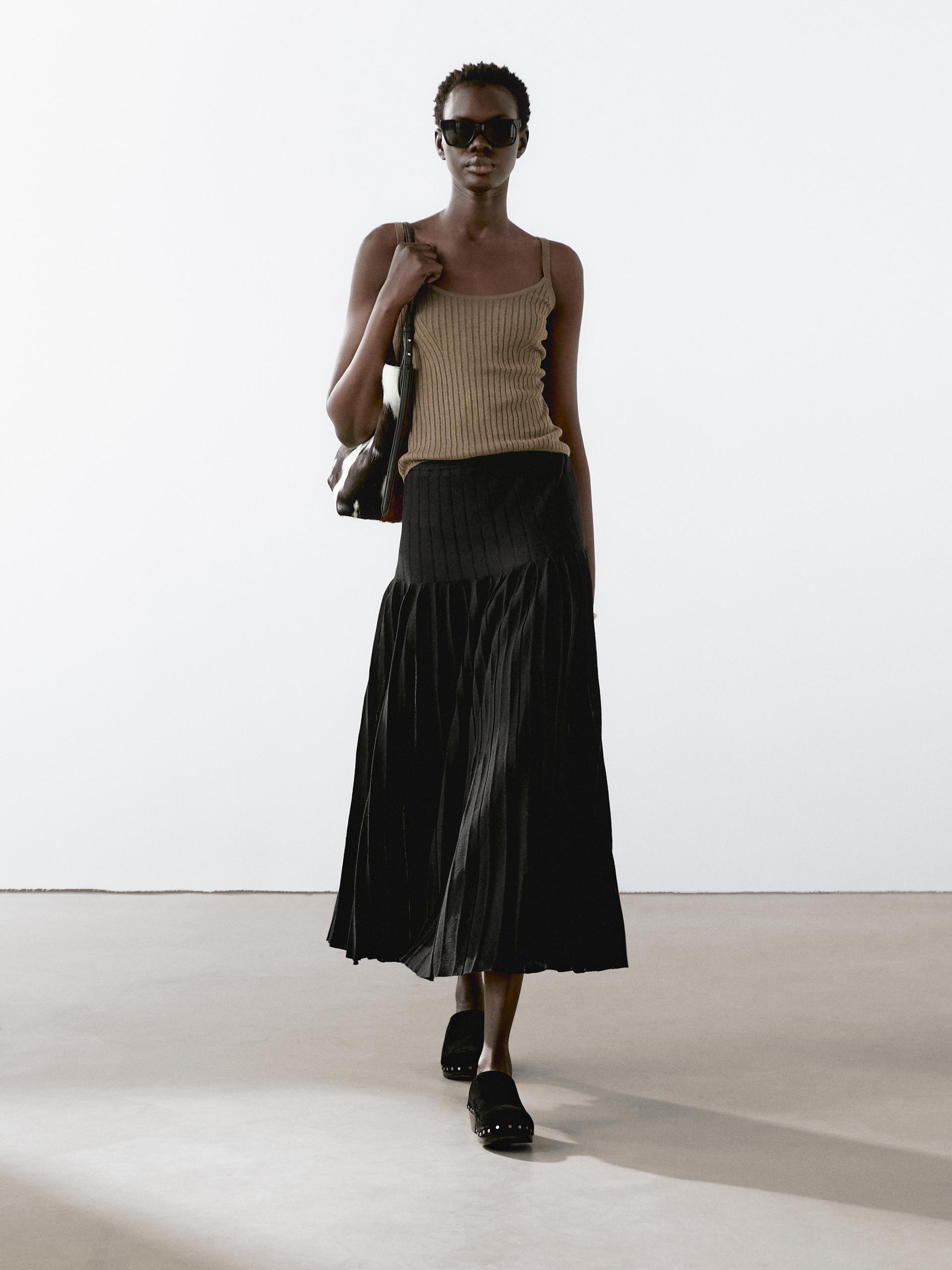 Jupe Midi Plissée Transparences - Noir - Xs - Massimo Dutti - Femme