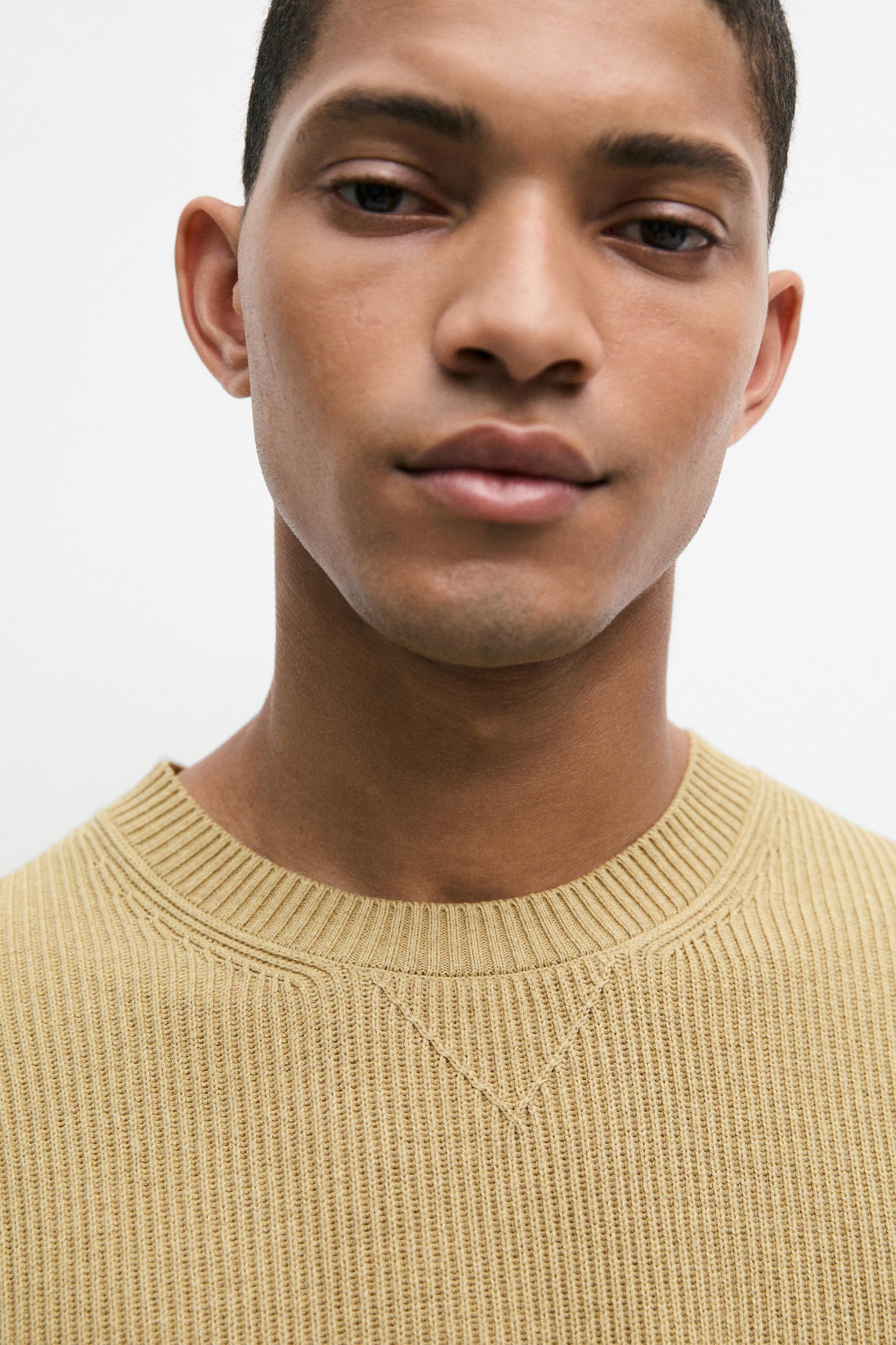 Cotton blend ribbed knit sweater — CREAM