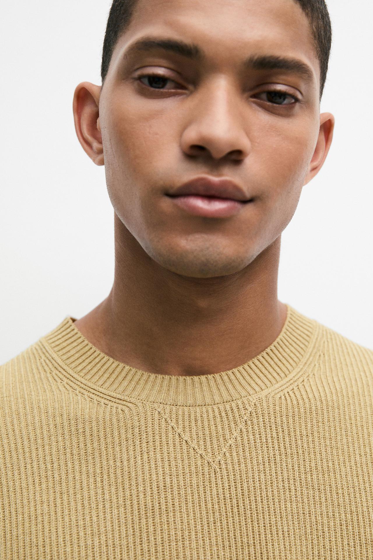 Cotton blend ribbed knit sweater — CREAM