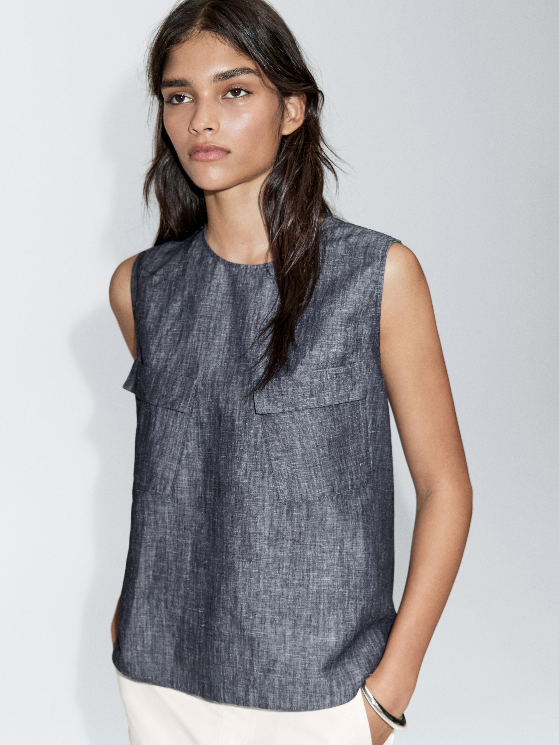 Massimo Dutti Cotton And Linen Denim Blouse With Pockets In Multi