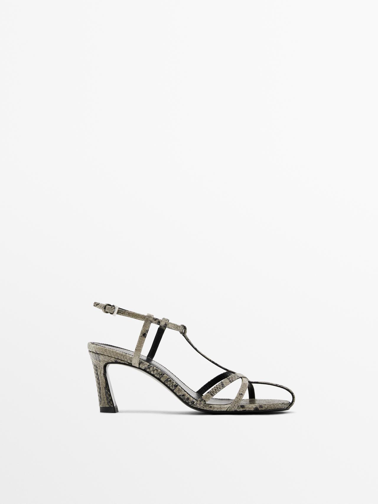 Massimo Dutti - Dame - Højhælede Sandaler Med Print - Dyremønster - 38