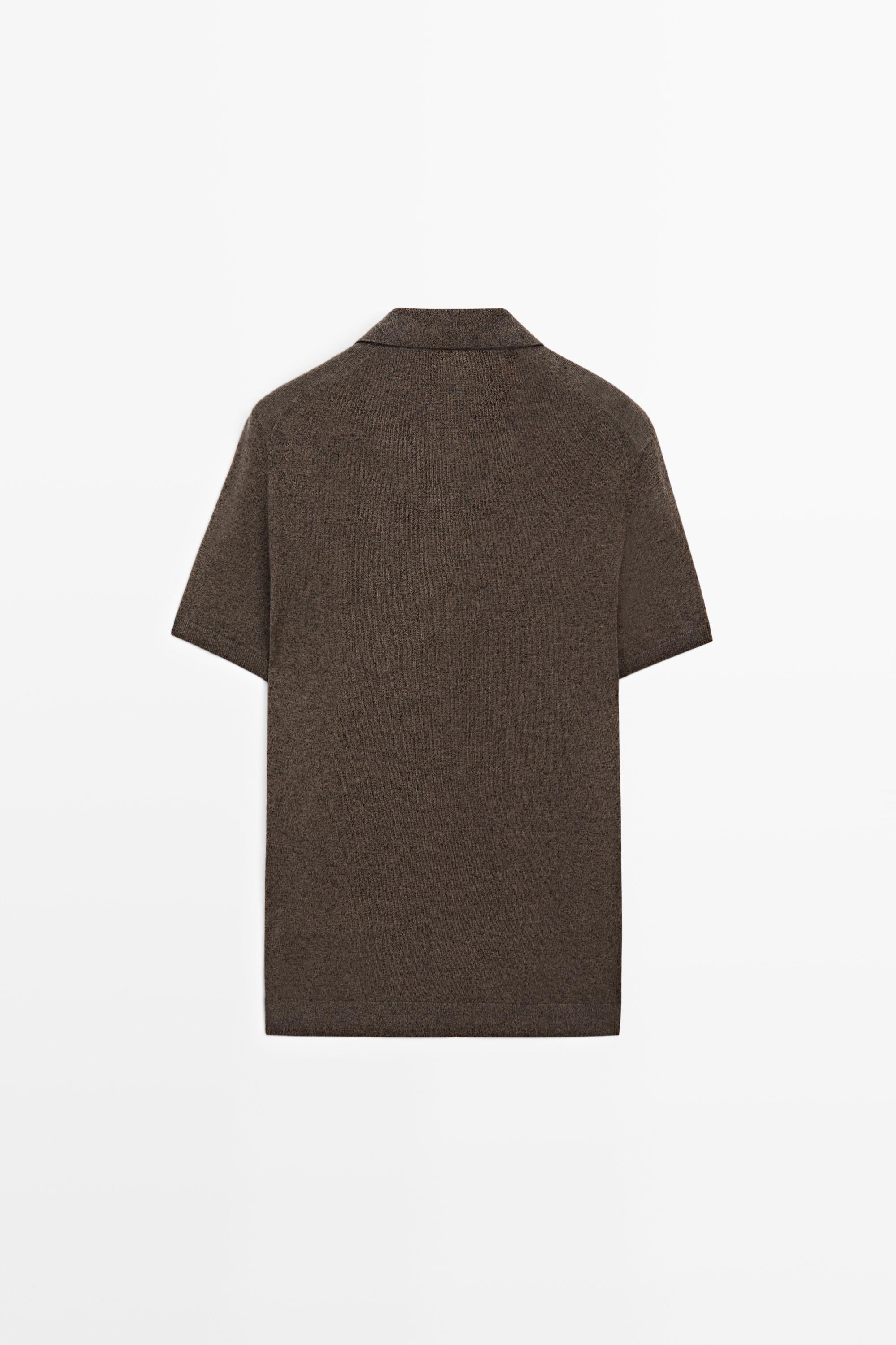 Linen blend V-neck polo shirt — BROWN