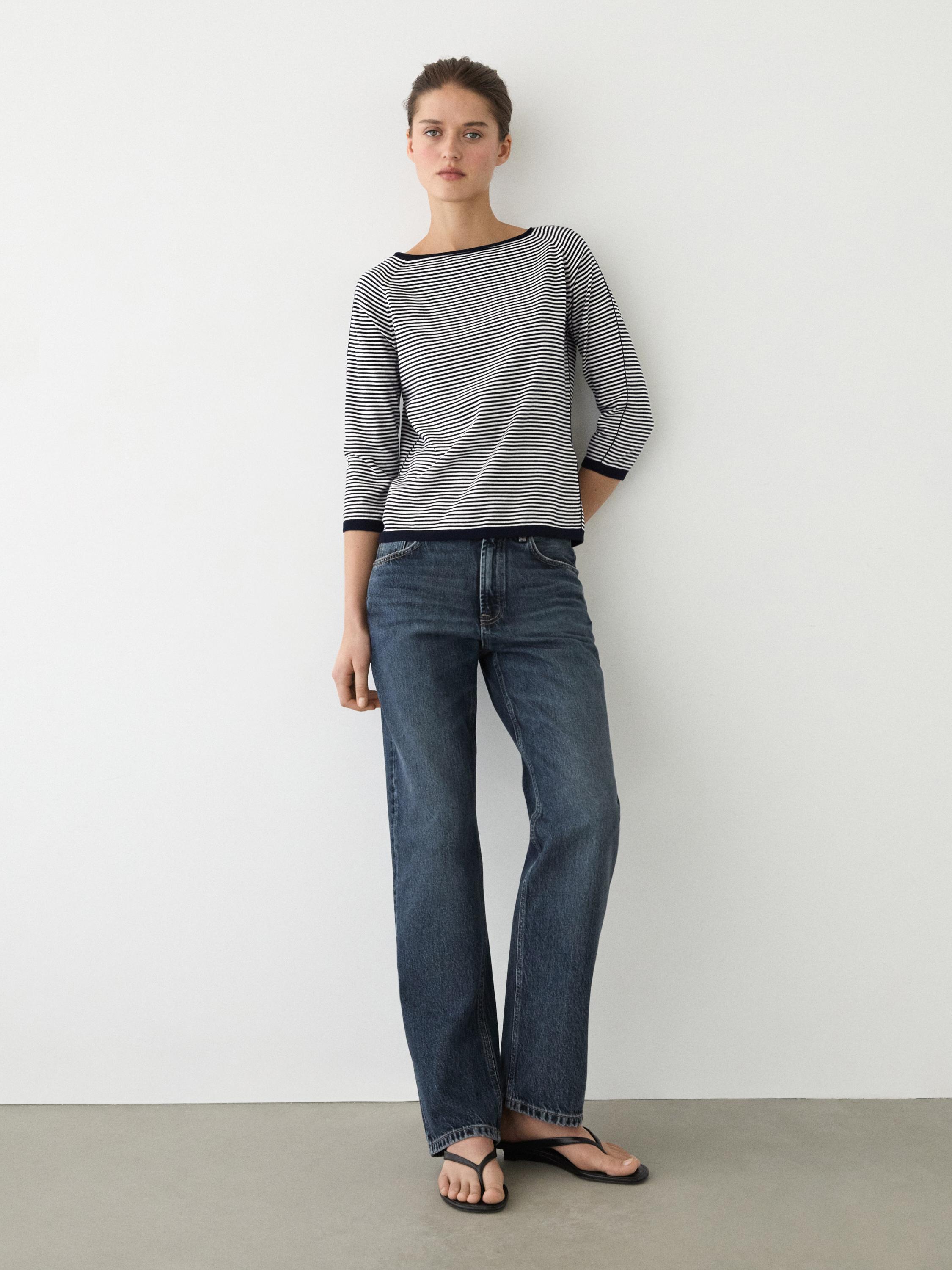 100% cotton striped knit sweater — NAVY BLUE