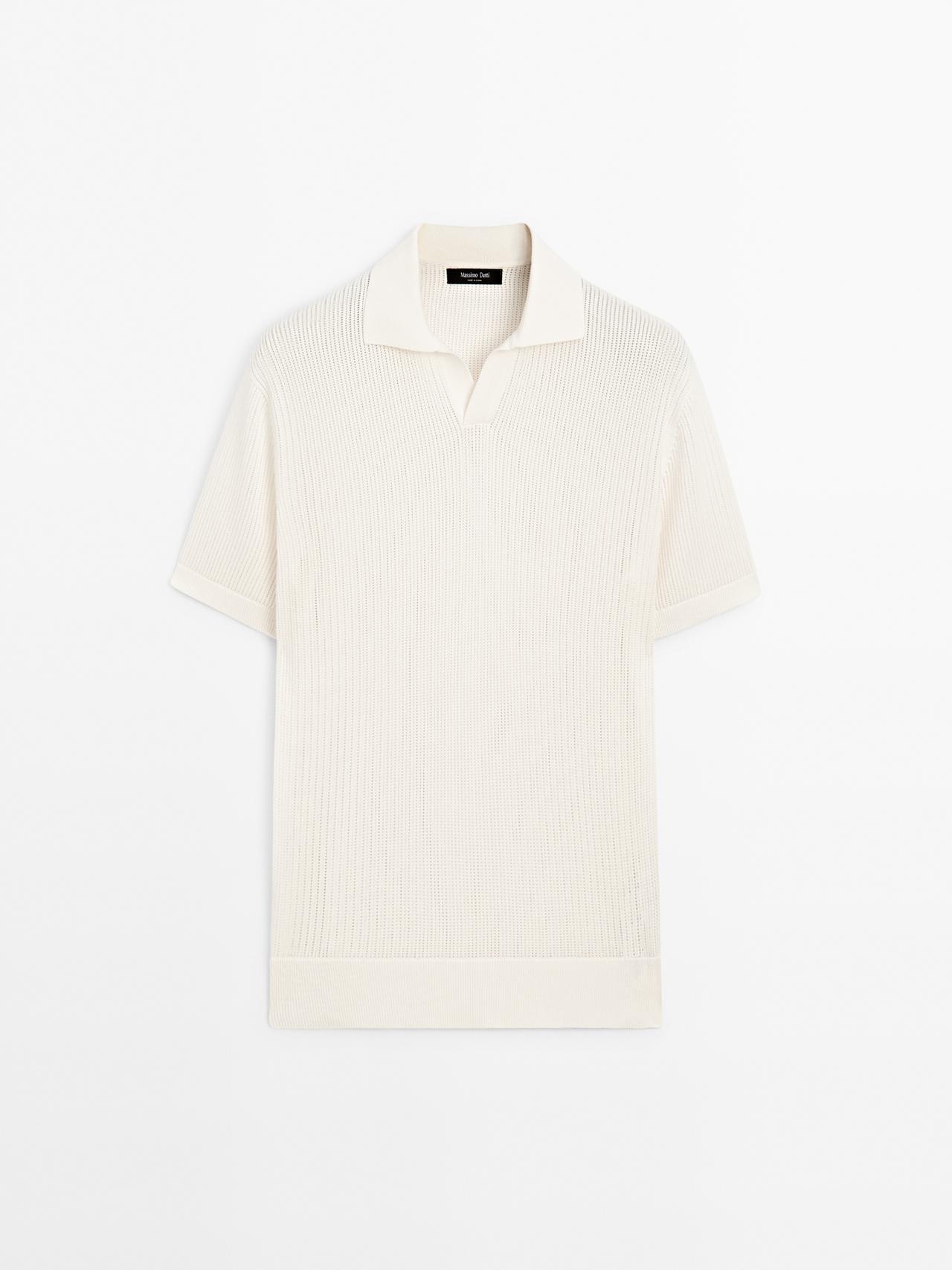 Massimo Dutti - Heren - Opengewerkte Polo Met V-Hals - Ecru - L