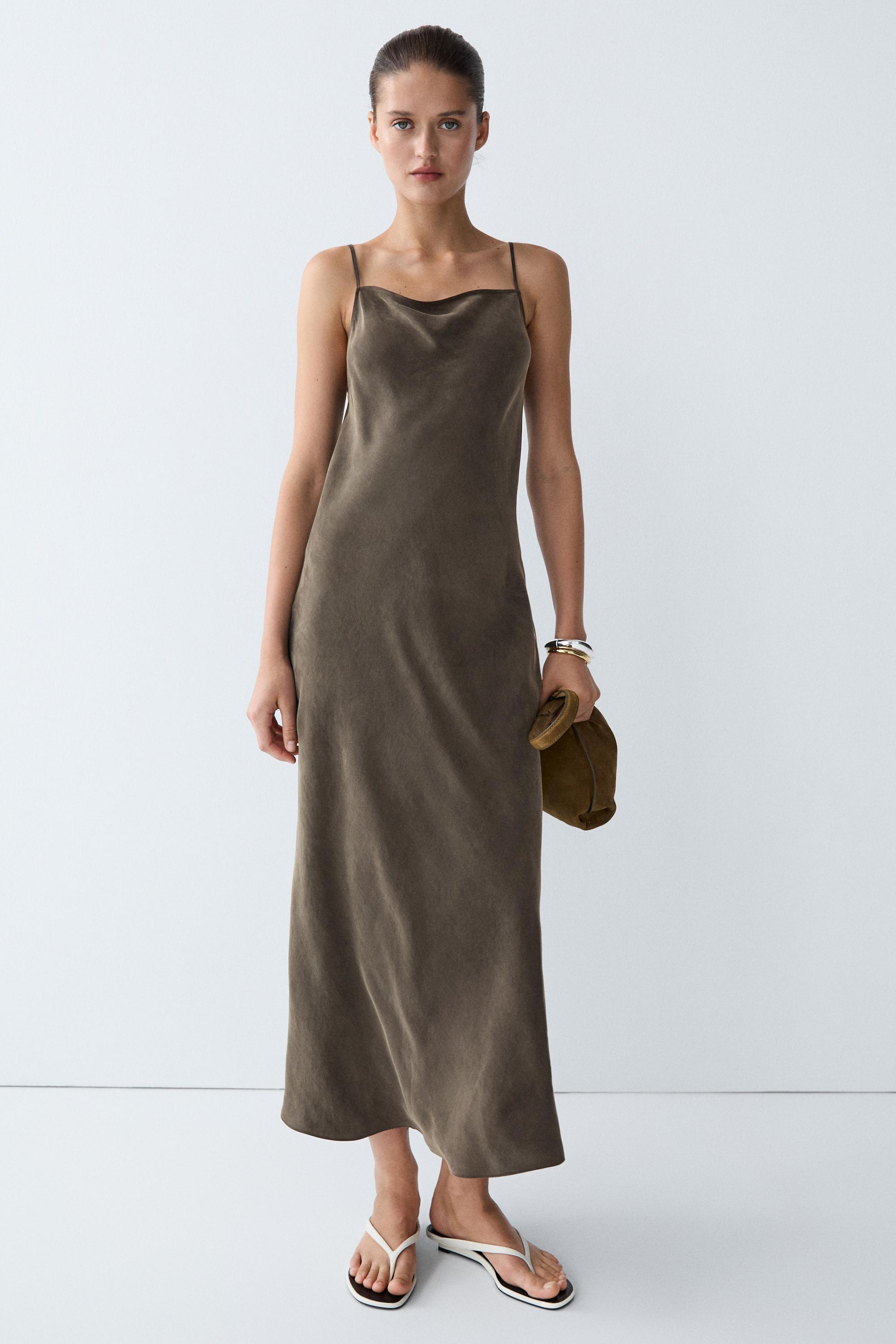 Flowing lingerie midi dress with thin straps — GREY