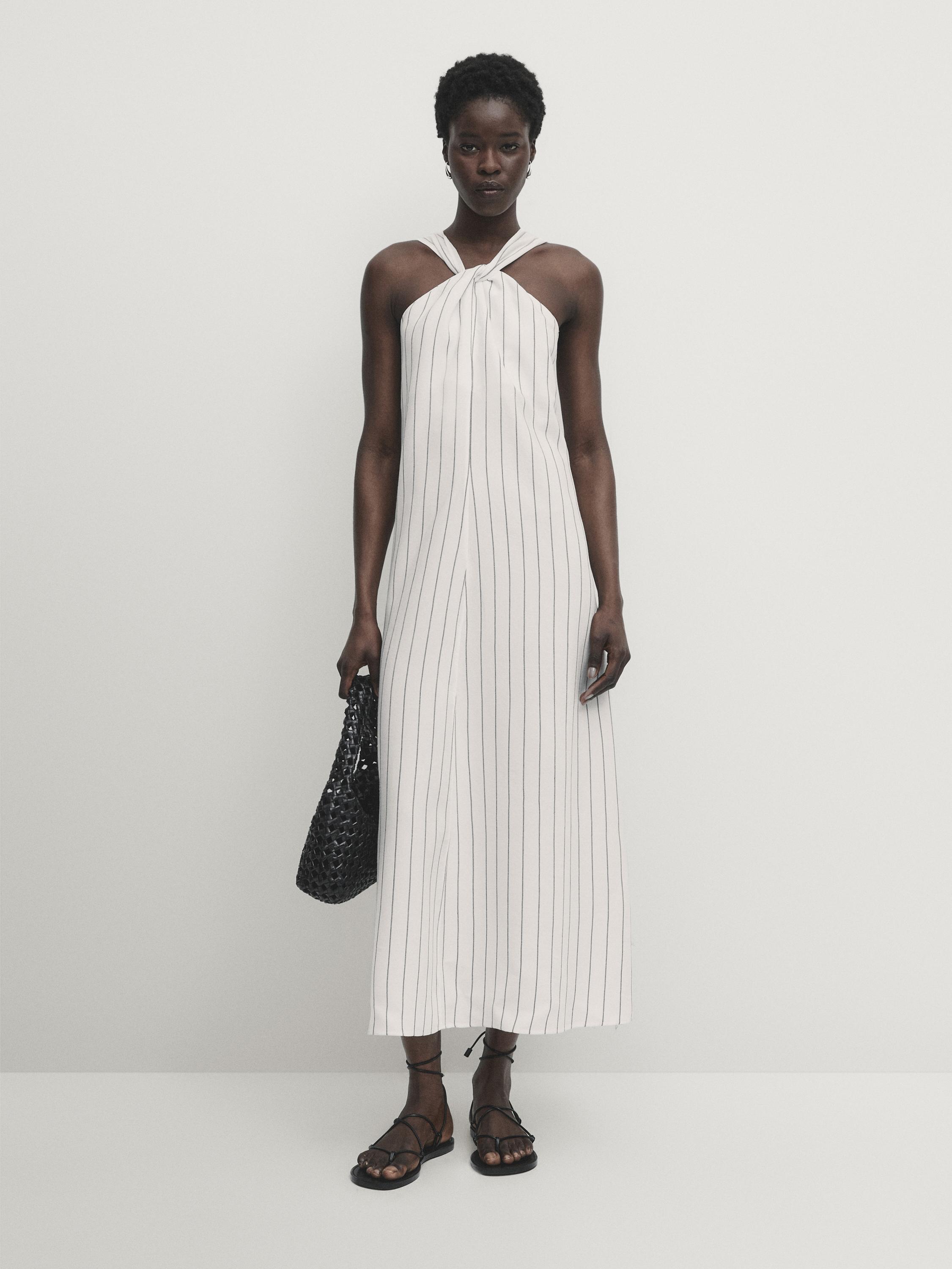 Robe midi à encolure américaine à rayures
