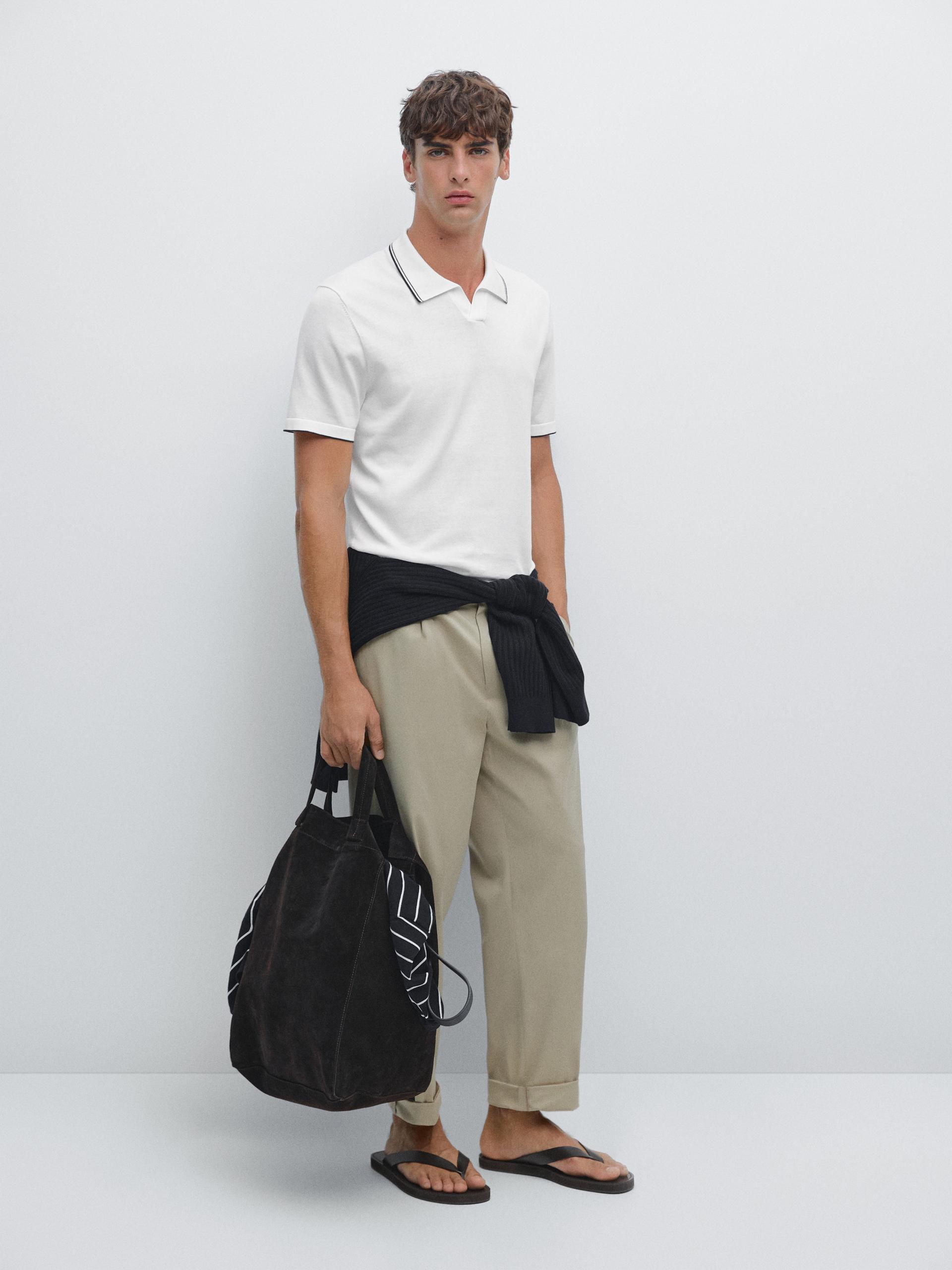Polo In Maglia Con Scollo A V E Dettaglio Colorato - Bianco - S - Massimo Dutti - Maschile