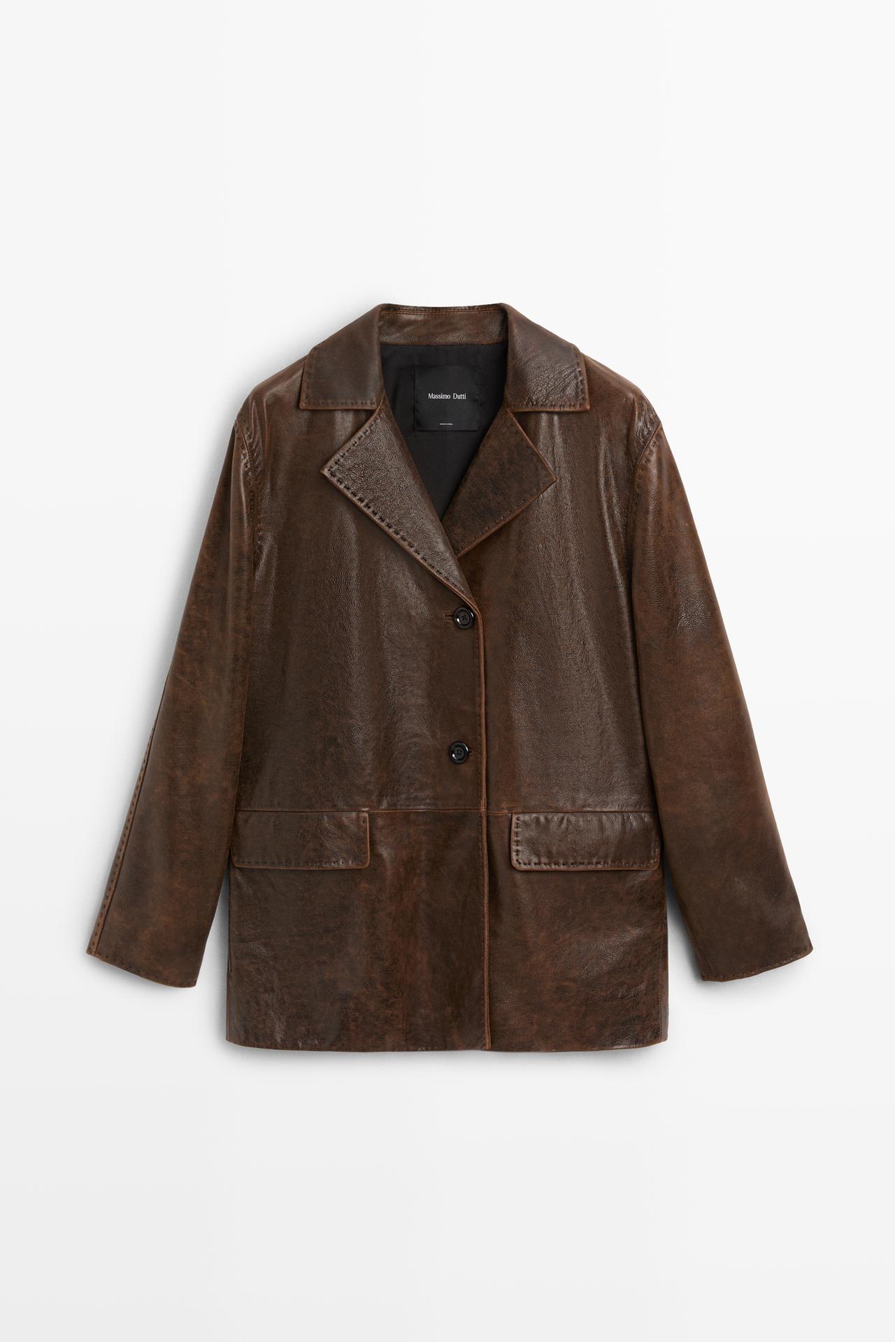 Distressed effect leather blazer — BROWN
