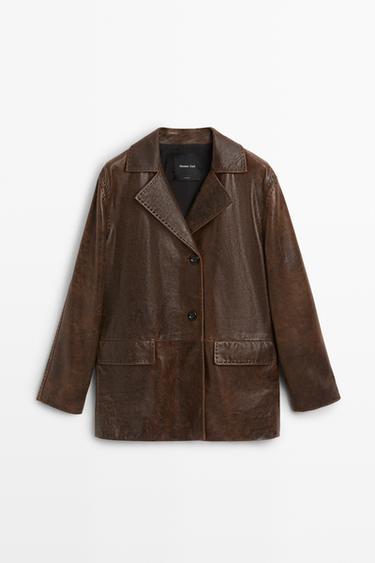 Distressed effect leather blazer — BROWN 2