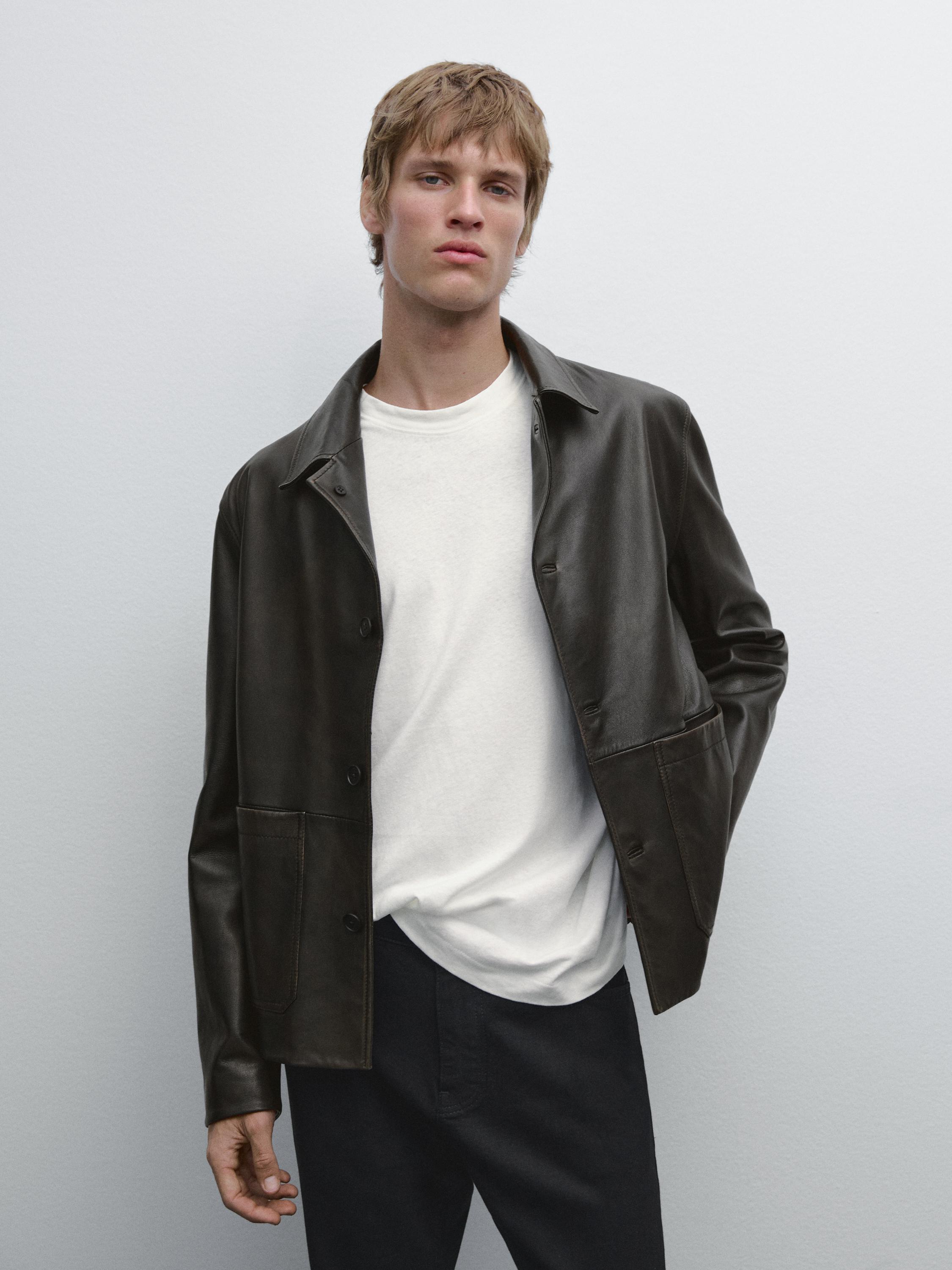 Veste en cuir nappa effet usé