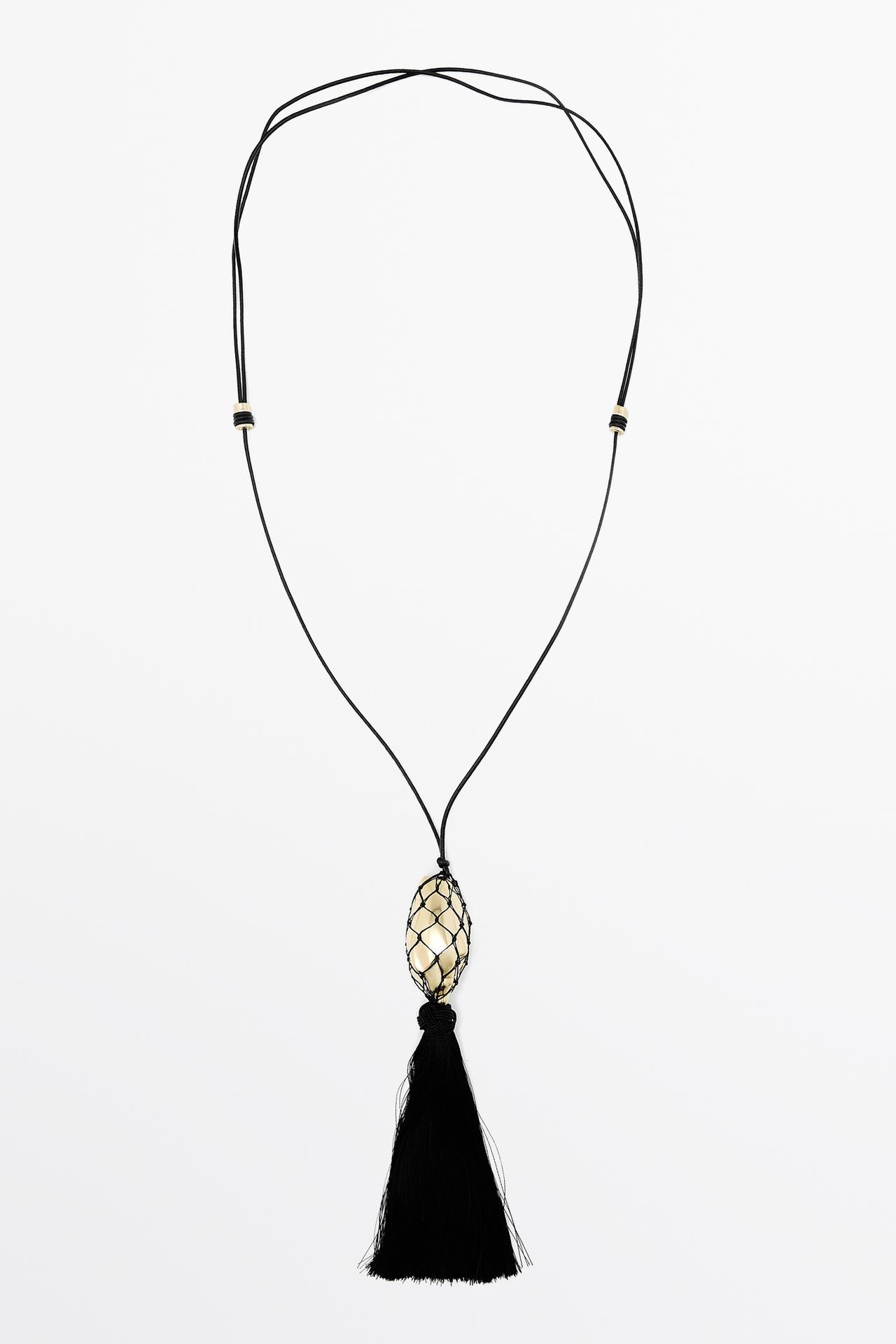 Long leather cord necklace with shell and tassel — GOLDEN