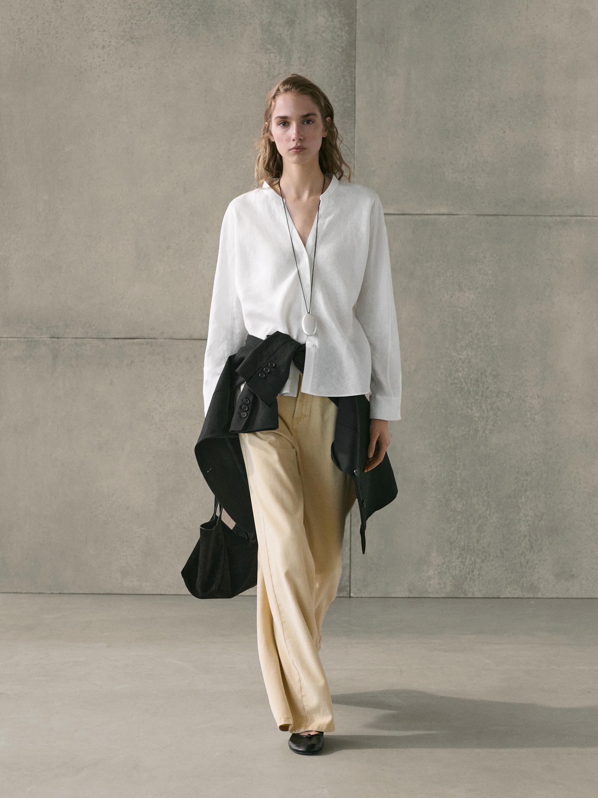 Camisa Cuello Mao 100% Lino - Blanco - S - Massimo Dutti - Mujer