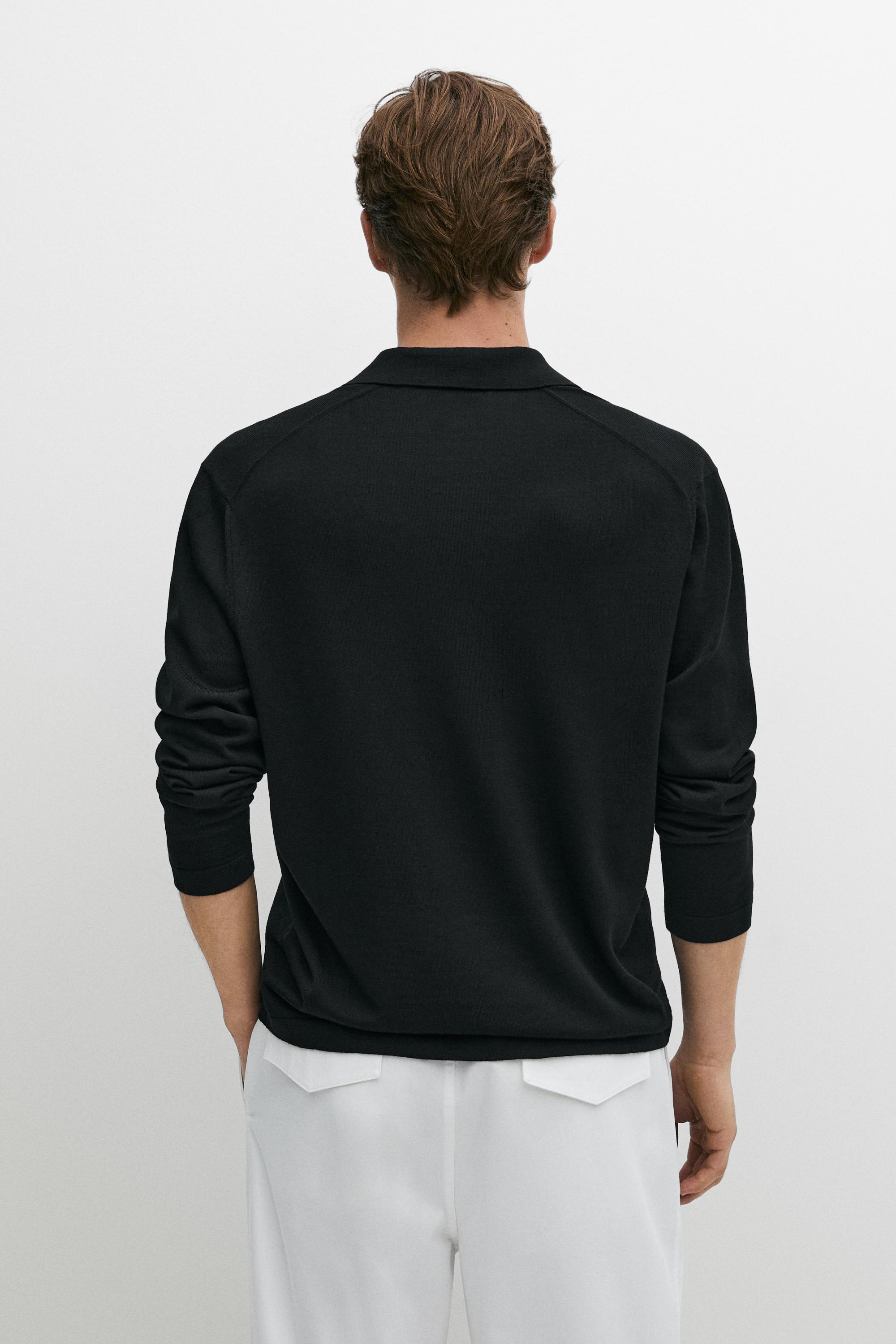 100% merino wool knit polo sweater — BLACK