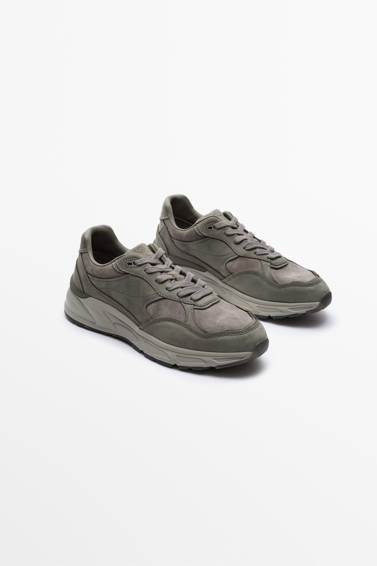 Mixed leather panel sneaker — GREY