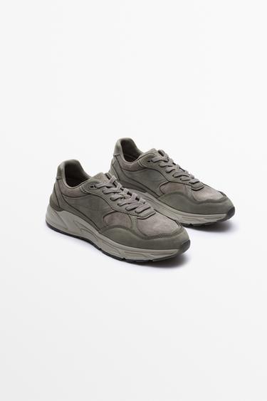 Mixed leather panel sneaker — GREY 2