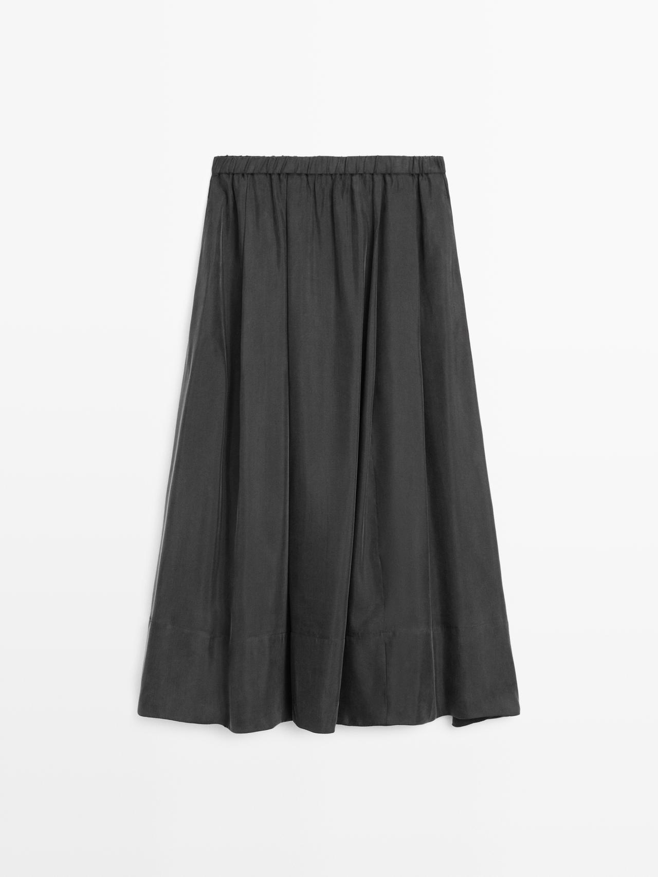 Massimo Dutti - Dame - Midinederdel I Bomuldsblanding Med Svaj - Grå - Xs
