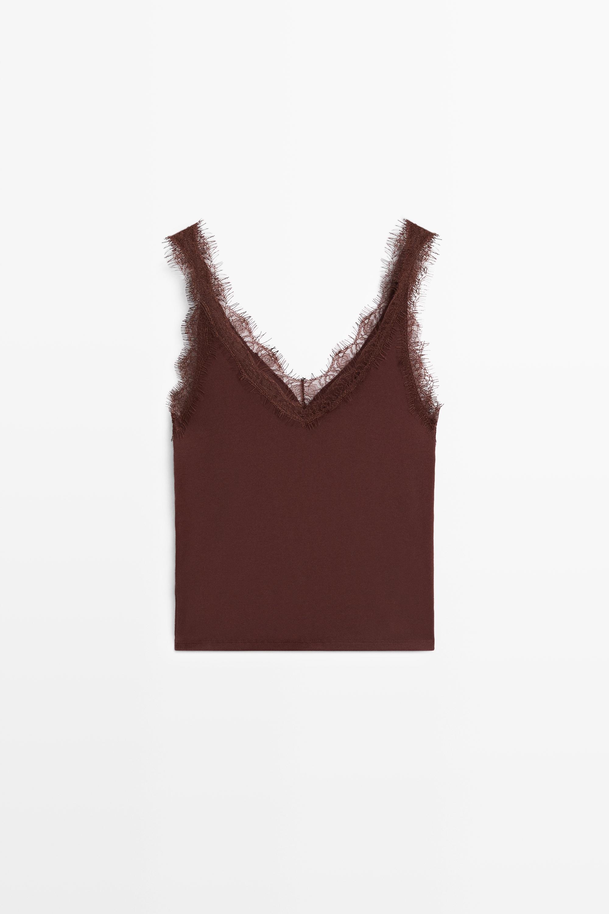 Strappy lace-trim top — BROWN