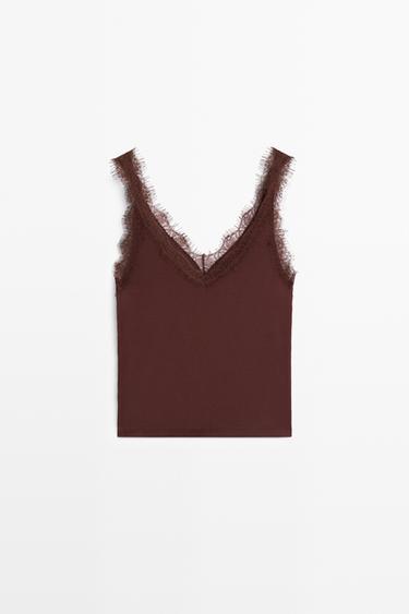 Strappy lace-trim top — BROWN 6