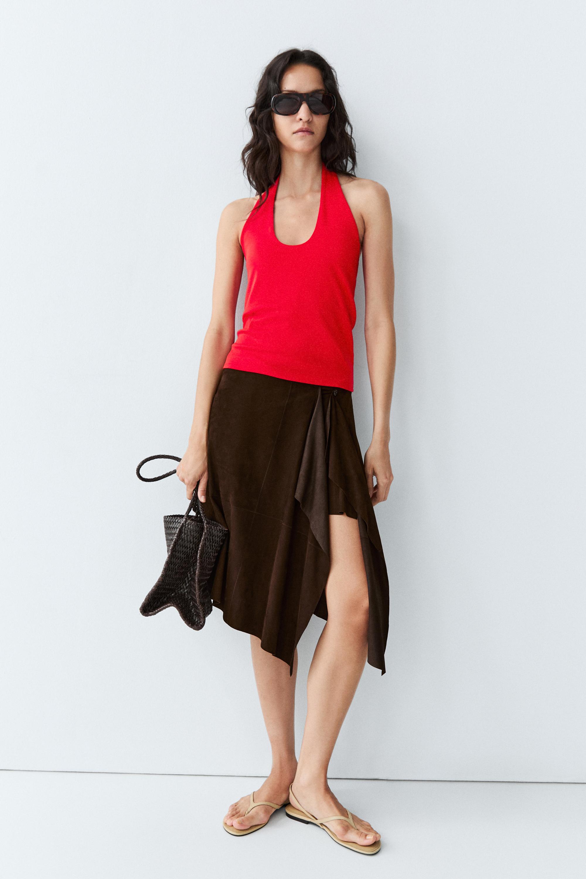 Suede leather midi skirt with ruffle detail — BROWN