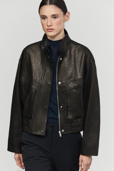 Short high collar Nappa leather jacket — BLACK 3
