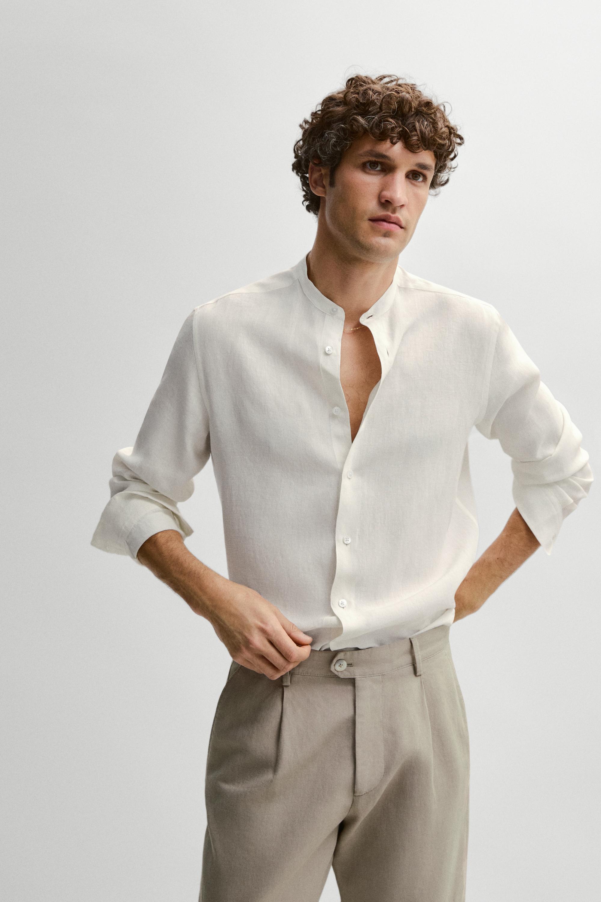 100% linen regular fit shirt with stand collar — CREAM