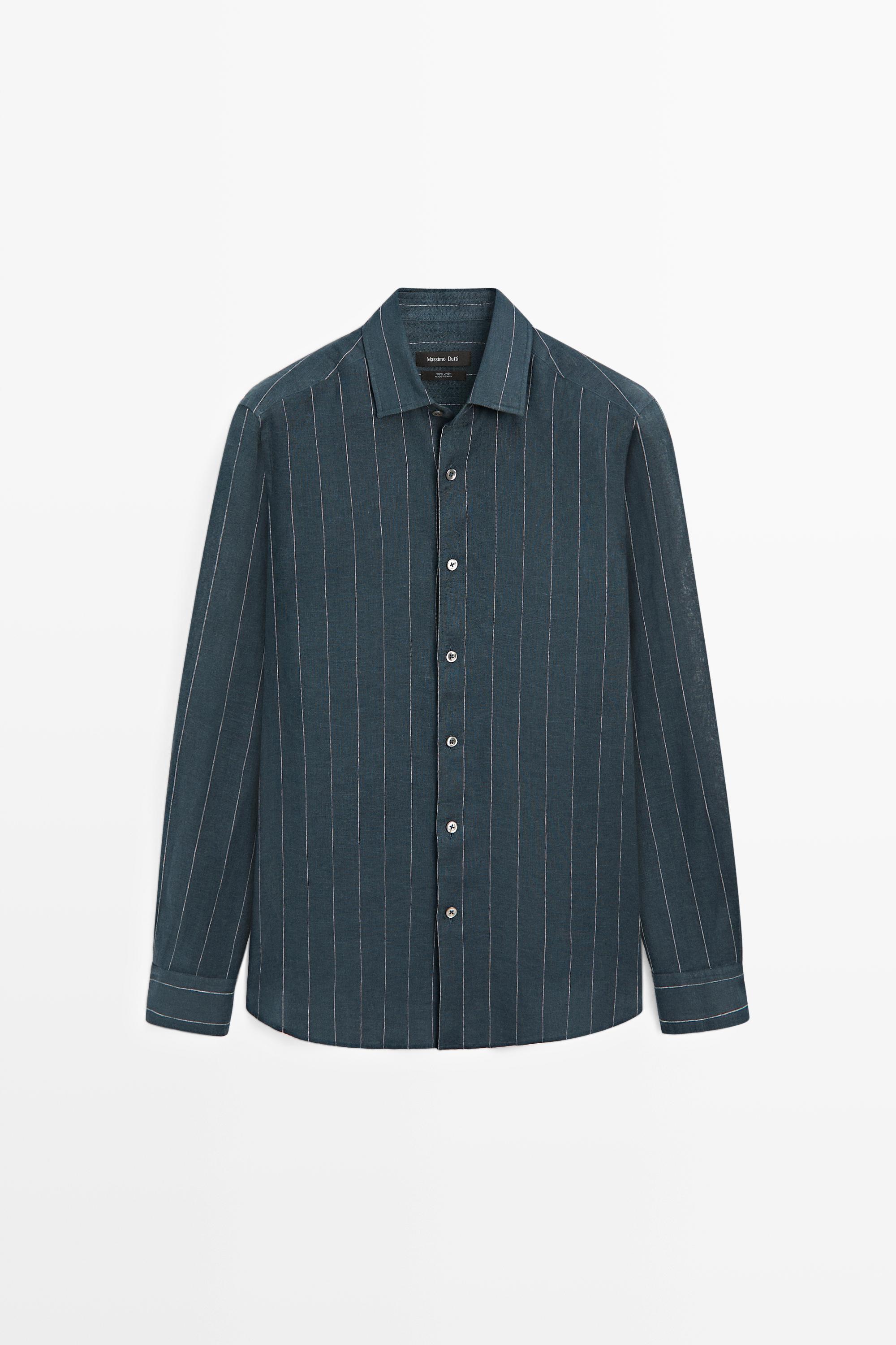 massimo dutti dress shirt 100% Linen Regular Fit Striped Shirt - Petrol Blue - S - Massimo Dutti